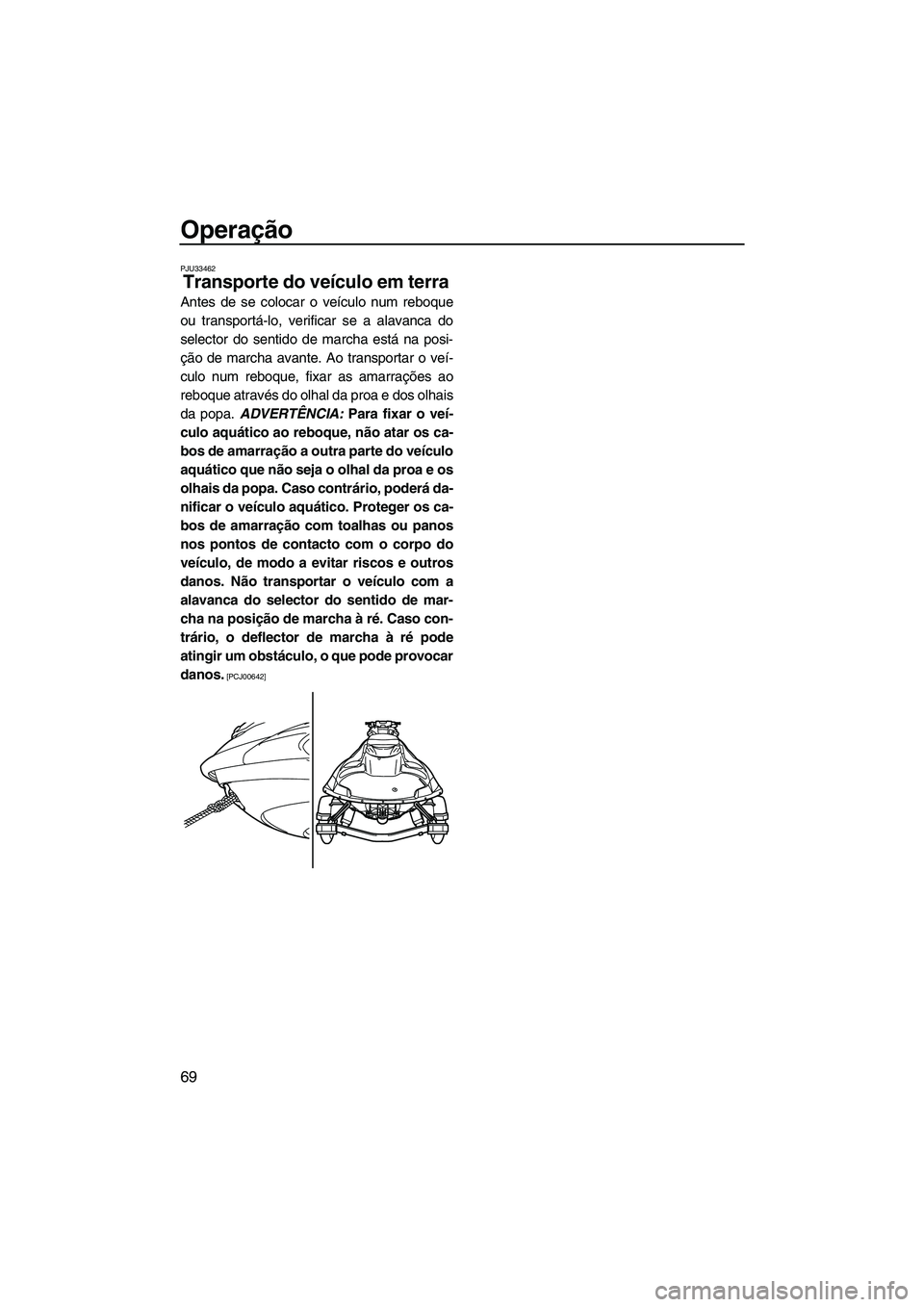YAMAHA FZR 2009 Manual de utilização (in Portuguese) Operação
69
PJU33462
Transporte do veículo em terra
Antes de se colocar o veículo num reboque
ou transportá-lo, verificar se a alavanca do
selector do sentido de marcha está na posi-
ção de m YAMAHA FZR 2009 Manual de utilização (in Portuguese) Operação
69
PJU33462
Transporte do veículo em terra
Antes de se colocar o veículo num reboque
ou transportá-lo, verificar se a alavanca do
selector do sentido de marcha está na posi-
ção de m