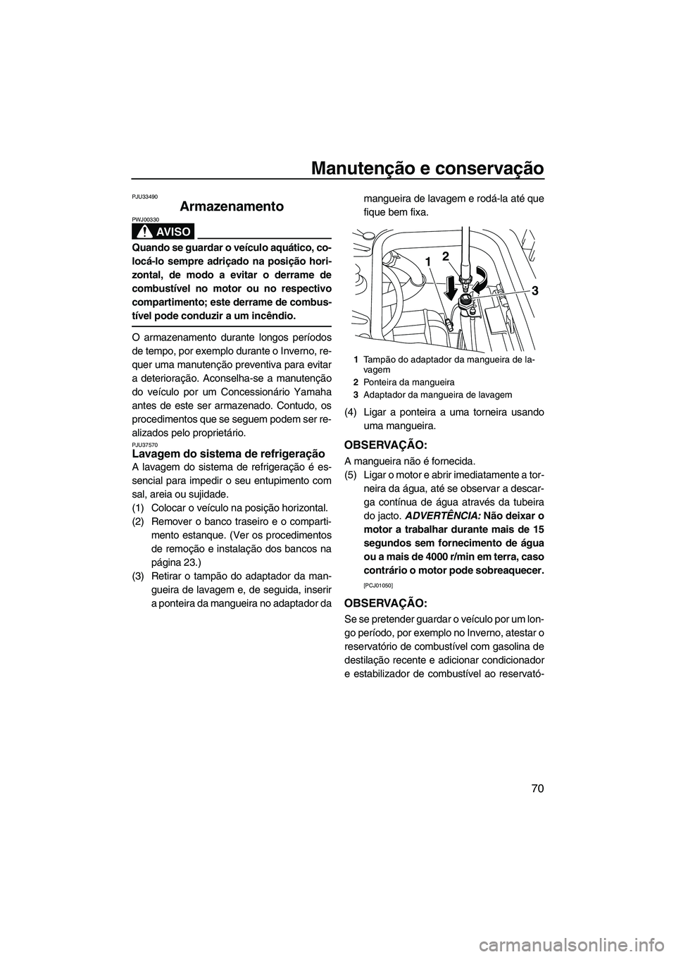 YAMAHA FZR 2009 Manual de utilização (in Portuguese) Manutenção e conservação
70
PJU33490
Armazenamento
AV I S O
PWJ00330
Quando se guardar o veículo aquático, co-
locá-lo sempre adriçado na posição hori-
zontal, de modo a evitar o derrame de YAMAHA FZR 2009 Manual de utilização (in Portuguese) Manutenção e conservação
70
PJU33490
Armazenamento
AV I S O
PWJ00330
Quando se guardar o veículo aquático, co-
locá-lo sempre adriçado na posição hori-
zontal, de modo a evitar o derrame de
