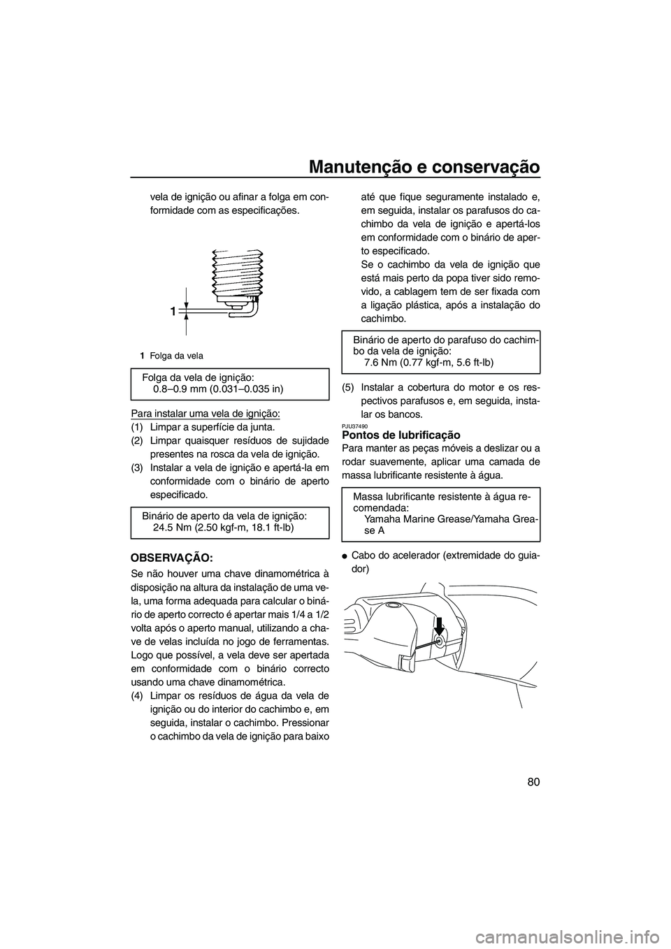 YAMAHA FZR 2009  Manual de utilização (in Portuguese) Manutenção e conservação
80
vela de ignição ou afinar a folga em con-
formidade com as especificações.
Para instalar uma vela de ignição:
(1) Limpar a superfície da junta.
(2) Limpar quaisq