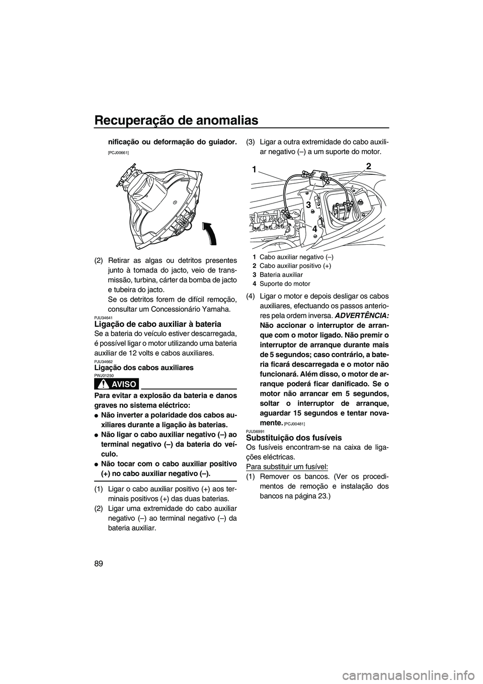 YAMAHA FZR 2009  Manual de utilização (in Portuguese) Recuperação de anomalias
89
nificação ou deformação do guiador.
[PCJ00661]
(2) Retirar as algas ou detritos presentes
junto à tomada do jacto, veio de trans-
missão, turbina, cárter da bomba 