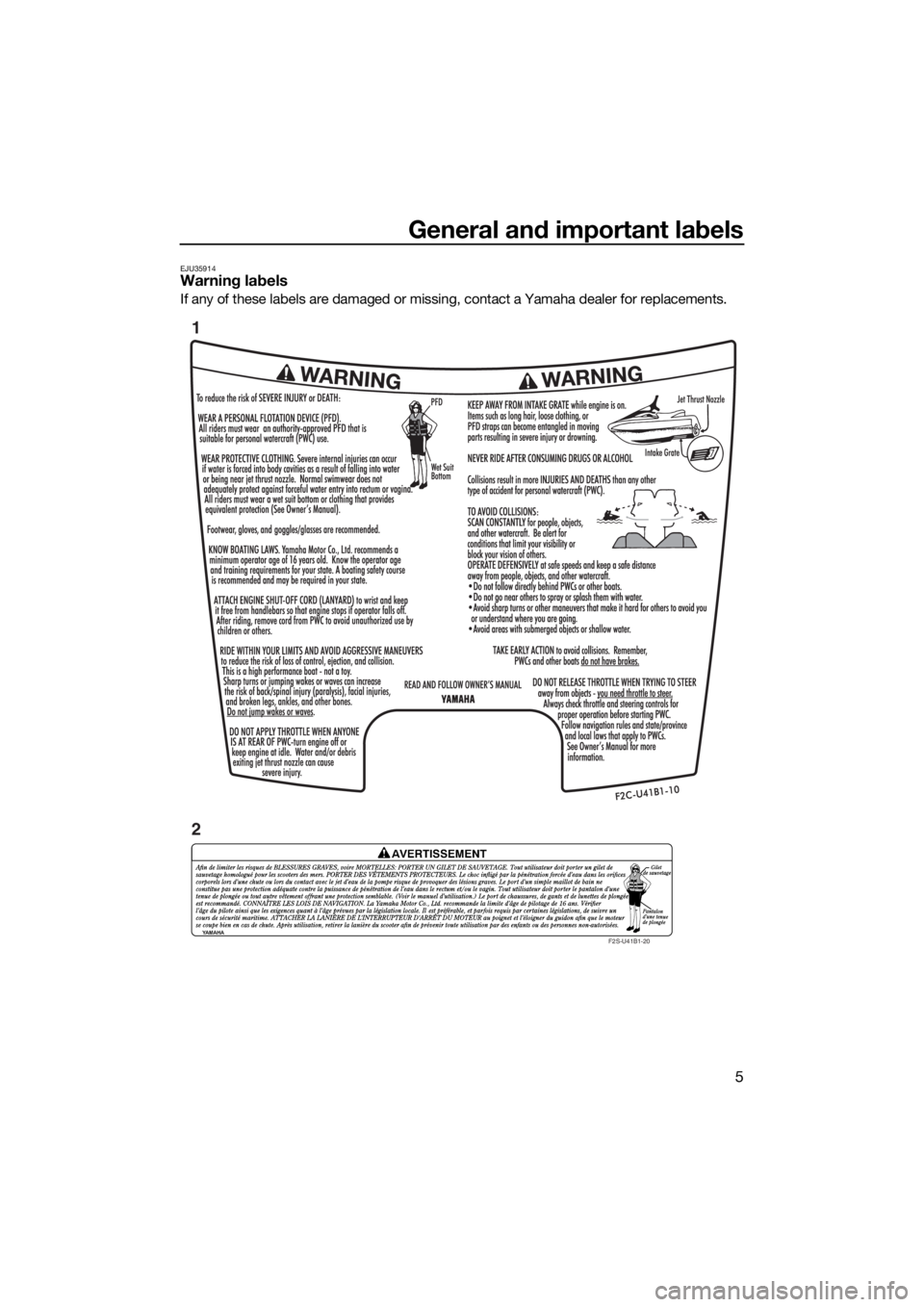 YAMAHA FZR SVHO 2016 User Guide General and important labels
5
EJU35914Warning labels
If any of these labels are damaged or missing, contact a Yamaha dealer for replacements.
F2S-U41B1-20
1
2
UF3L72E0.book Page 5 Monday, July 27, YAMAHA FZR SVHO 2016 User Guide General and important labels
5
EJU35914Warning labels
If any of these labels are damaged or missing, contact a Yamaha dealer for replacements.
F2S-U41B1-20
1
2
UF3L72E0.book Page 5 Monday, July 27,