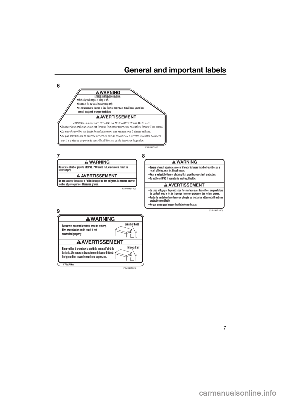 YAMAHA FZR SVHO 2016 User Guide General and important labels
7
WARNING
AVERTISSEMENT
WARNING
AVERTISSEMENT(F2R-U41E1-10)
(F2R-U41E1-10)
F3K-U41D5-10
F0V-U41DB-12
6
78
9
UF3L72E0.book Page 7 Monday, July 27, 2015 4:47 PM YAMAHA FZR SVHO 2016 User Guide General and important labels
7
WARNING
AVERTISSEMENT
WARNING
AVERTISSEMENT(F2R-U41E1-10)
(F2R-U41E1-10)
F3K-U41D5-10
F0V-U41DB-12
6
78
9
UF3L72E0.book Page 7 Monday, July 27, 2015 4:47 PM