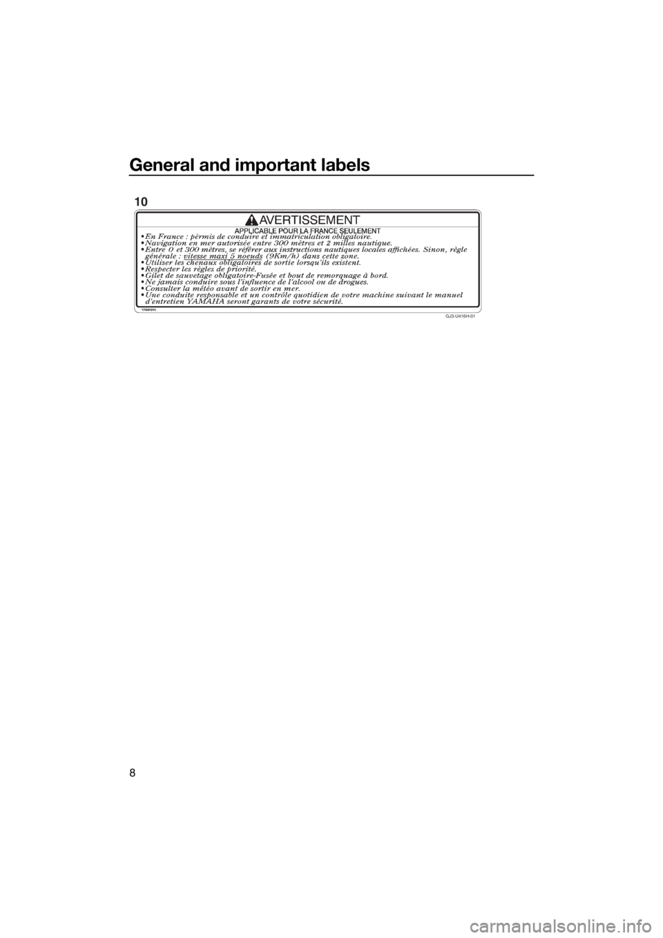 YAMAHA FZR SVHO 2016 User Guide General and important labels
8
GJ3-U416H-01
10
UF3L72E0.book Page 8 Monday, July 27, 2015 4:47 PM YAMAHA FZR SVHO 2016 User Guide General and important labels
8
GJ3-U416H-01
10
UF3L72E0.book Page 8 Monday, July 27, 2015 4:47 PM