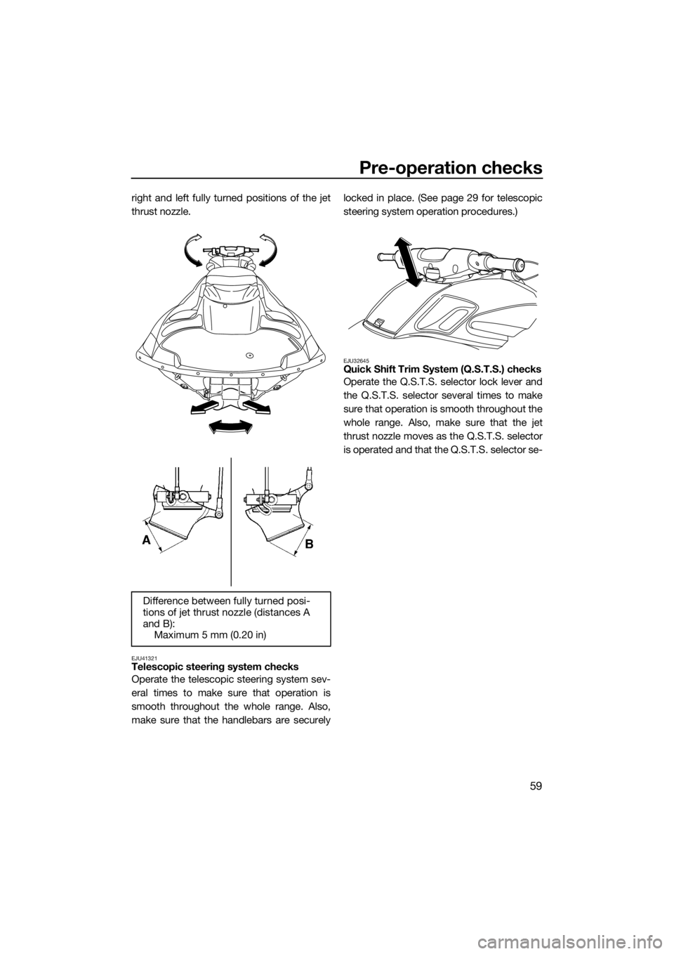 YAMAHA FZR SVHO 2016 Repair Manual Pre-operation checks
59
right and left fully turned positions of the jet
thrust nozzle.
EJU41321Telescopic steering system checks
Operate the telescopic steering system sev-
eral times to make sure th
