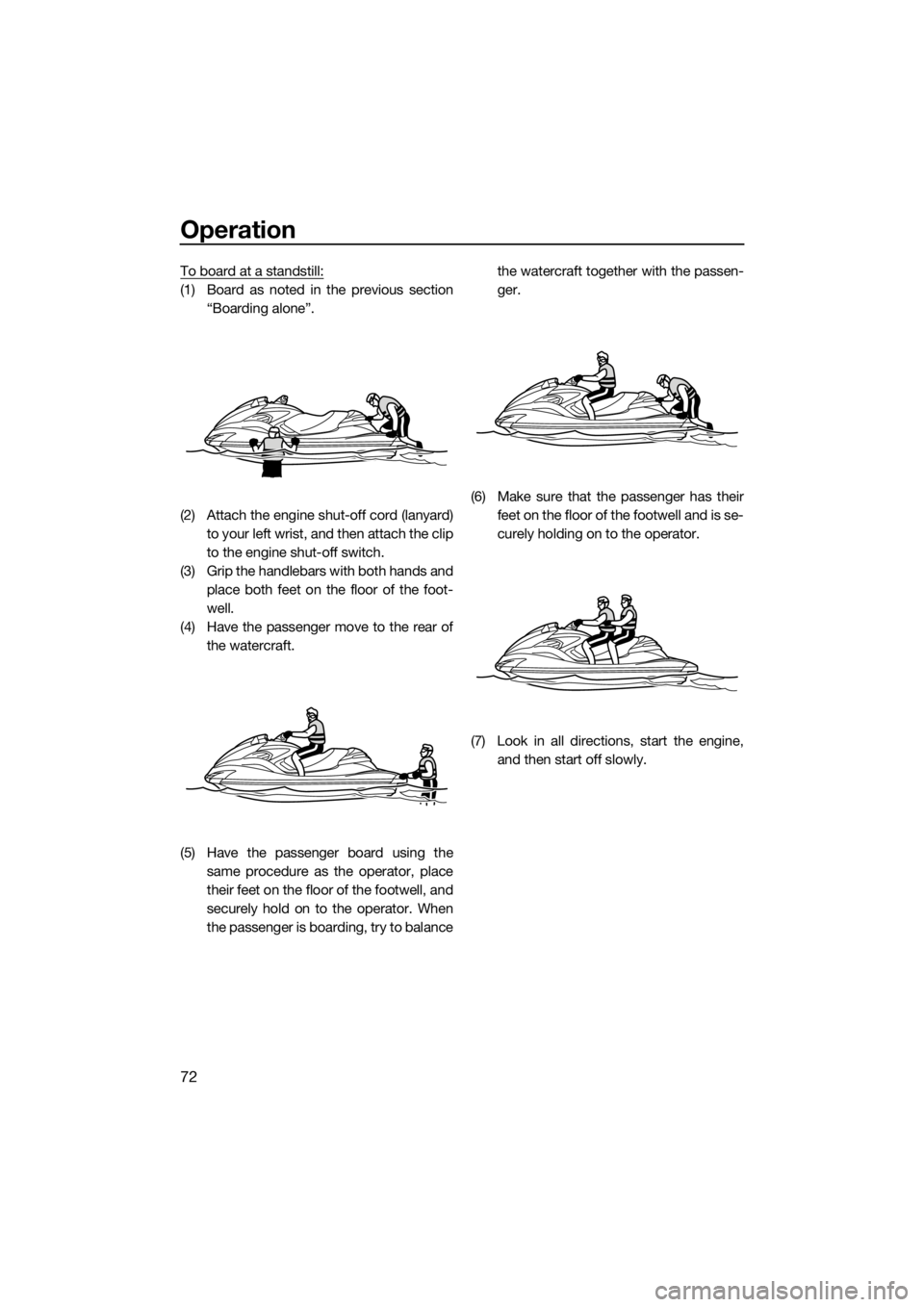 YAMAHA FZR SVHO 2016 Manual PDF Operation
72
To board at a standstill:
(1) Board as noted in the previous section
“Boarding alone”.
(2) Attach the engine shut-off cord (lanyard)
to your left wrist, and then attach the clip
to th YAMAHA FZR SVHO 2016 Manual PDF Operation
72
To board at a standstill:
(1) Board as noted in the previous section
“Boarding alone”.
(2) Attach the engine shut-off cord (lanyard)
to your left wrist, and then attach the clip
to th