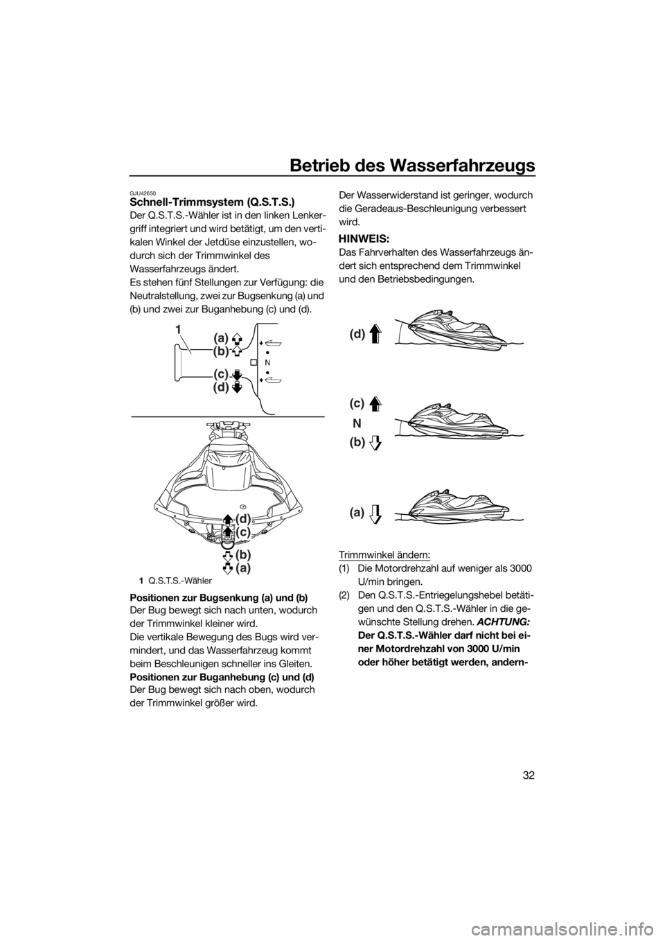 YAMAHA FZR SVHO 2016 Betriebsanleitungen (in German) Betrieb des Wasserfahrzeugs
32
GJU42650Schnell-Trimmsystem (Q.S.T.S.)
Der Q.S.T.S.-Wähler ist in den linken Lenker-
griff integriert und wird betätigt, um den verti-
kalen Winkel der Jetdüse einzus YAMAHA FZR SVHO 2016 Betriebsanleitungen (in German) Betrieb des Wasserfahrzeugs
32
GJU42650Schnell-Trimmsystem (Q.S.T.S.)
Der Q.S.T.S.-Wähler ist in den linken Lenker-
griff integriert und wird betätigt, um den verti-
kalen Winkel der Jetdüse einzus