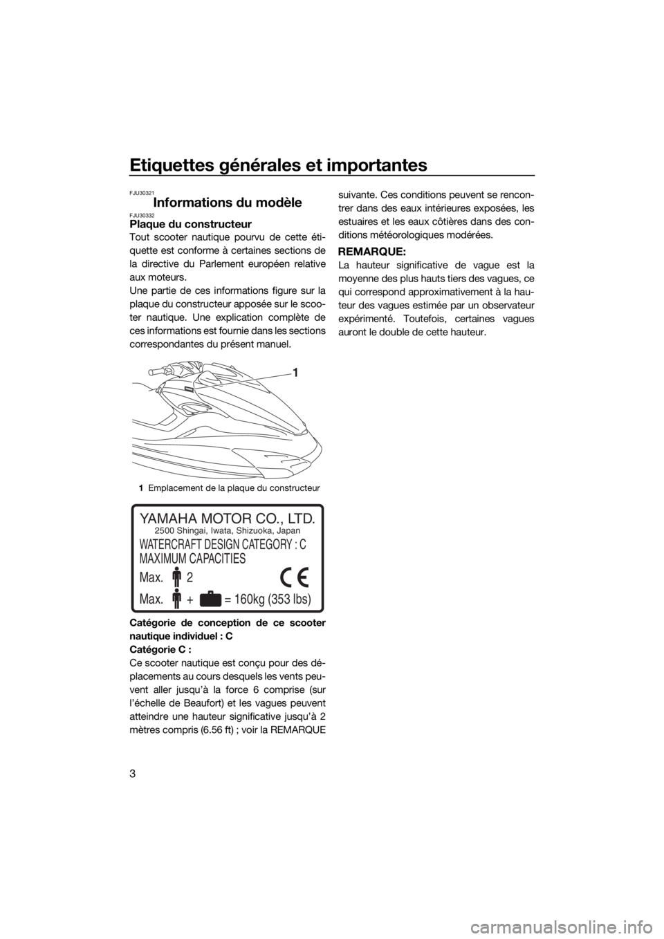 YAMAHA FZR SVHO 2016 Notices Demploi (in French) Etiquettes générales et importantes
3
FJU30321
Informations du modèleFJU30332Plaque du constructeur
Tout scooter nautique pourvu de cette éti-
quette est conforme à certaines sections de
la direc YAMAHA FZR SVHO 2016 Notices Demploi (in French) Etiquettes générales et importantes
3
FJU30321
Informations du modèleFJU30332Plaque du constructeur
Tout scooter nautique pourvu de cette éti-
quette est conforme à certaines sections de
la direc