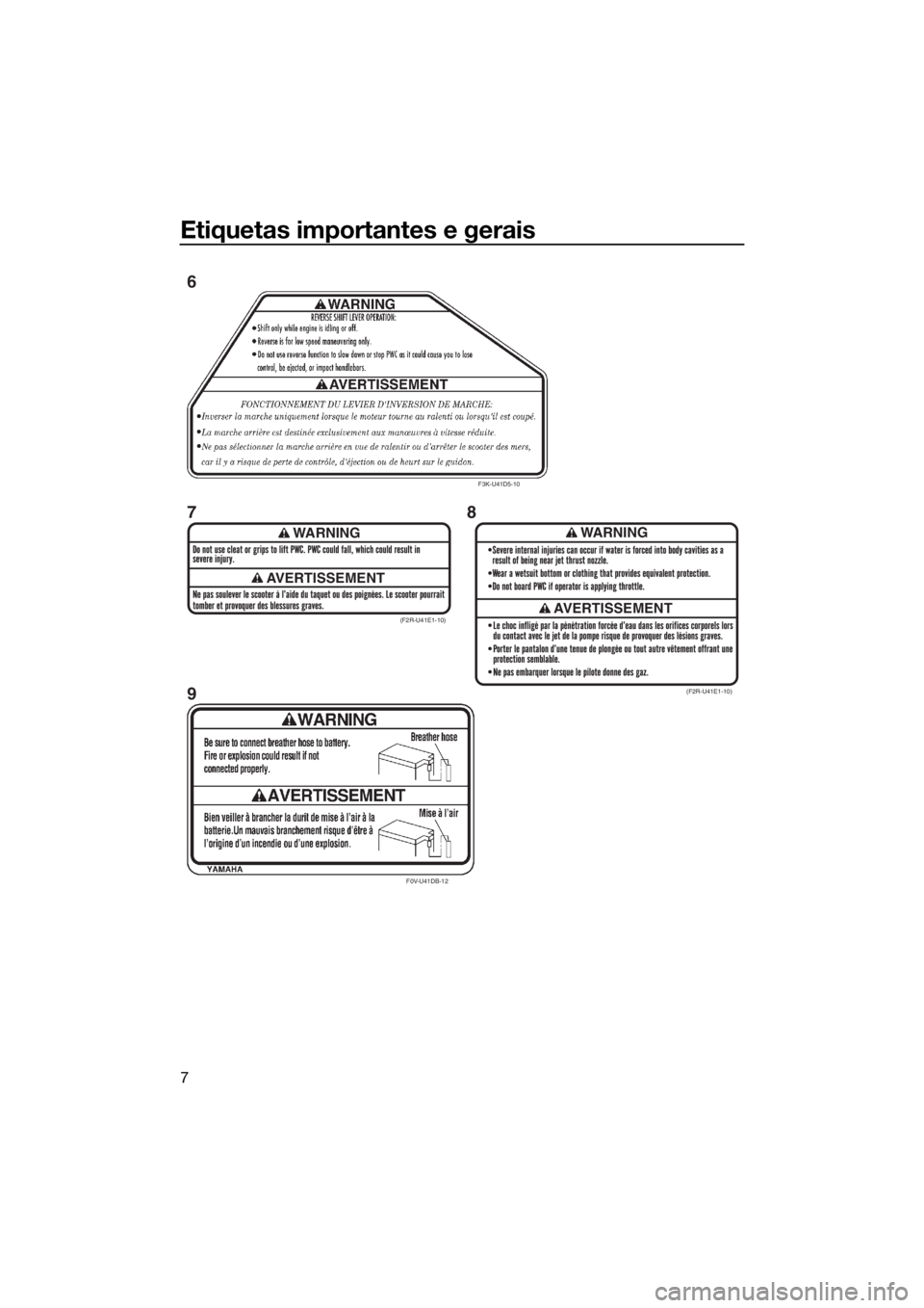 YAMAHA FZR SVHO 2016 Manual de utilização (in Portuguese) Etiquetas importantes e gerais
7
WARNING
AVERTISSEMENT
WARNING
AVERTISSEMENT(F2R-U41E1-10)
(F2R-U41E1-10)
F3K-U41D5-10
F0V-U41DB-12
6
78
9
UF3L72P0.book Page 7 Monday, July 20, 2015 10:38 AM YAMAHA FZR SVHO 2016 Manual de utilização (in Portuguese) Etiquetas importantes e gerais
7
WARNING
AVERTISSEMENT
WARNING
AVERTISSEMENT(F2R-U41E1-10)
(F2R-U41E1-10)
F3K-U41D5-10
F0V-U41DB-12
6
78
9
UF3L72P0.book Page 7 Monday, July 20, 2015 10:38 AM