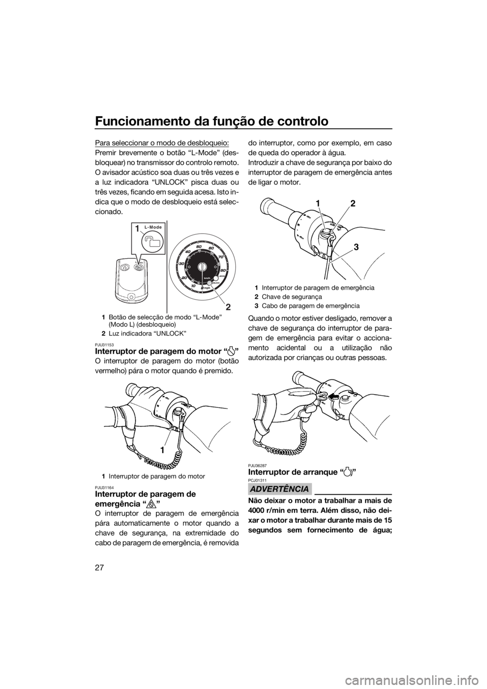 YAMAHA FZR SVHO 2016 Manual de utilização (in Portuguese) Funcionamento da função de controlo
27
Para seleccionar o modo de desbloqueio:
Premir brevemente o botão “L-Mode” (des-
bloquear) no transmissor do controlo remoto.
O avisador acústico soa dua YAMAHA FZR SVHO 2016 Manual de utilização (in Portuguese) Funcionamento da função de controlo
27
Para seleccionar o modo de desbloqueio:
Premir brevemente o botão “L-Mode” (des-
bloquear) no transmissor do controlo remoto.
O avisador acústico soa dua