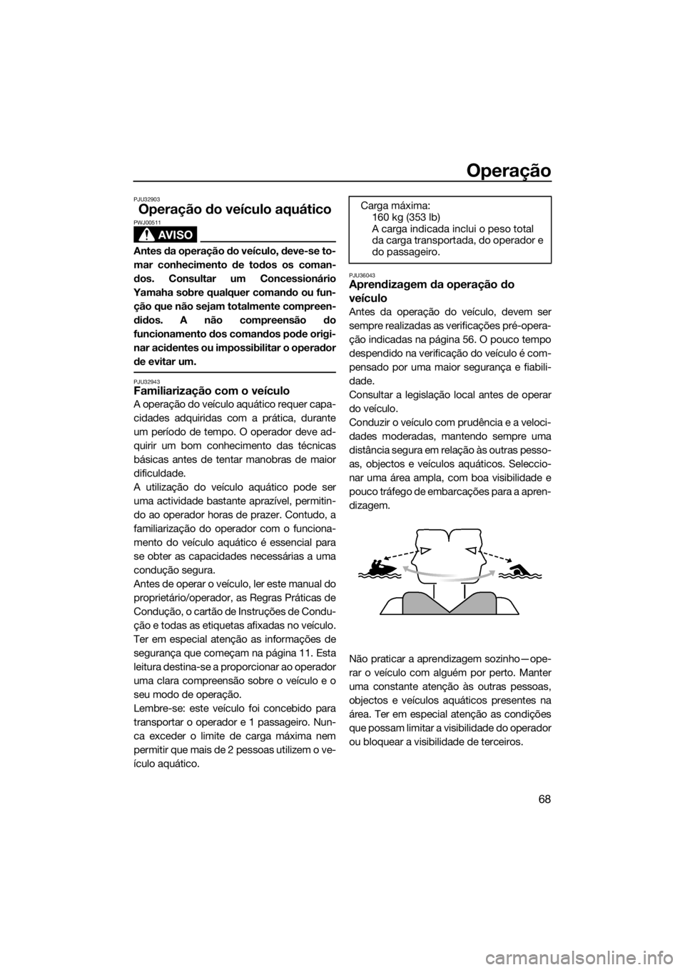 YAMAHA FZR SVHO 2016 Manual de utilização (in Portuguese) Operação
68
PJU32903
Operação do veículo aquático
AVISO
PWJ00511
Antes da operação do veículo, deve-se to-
mar conhecimento de todos os coman-
dos. Consultar um Concessionário
Yamaha sobre q YAMAHA FZR SVHO 2016 Manual de utilização (in Portuguese) Operação
68
PJU32903
Operação do veículo aquático
AVISO
PWJ00511
Antes da operação do veículo, deve-se to-
mar conhecimento de todos os coman-
dos. Consultar um Concessionário
Yamaha sobre q