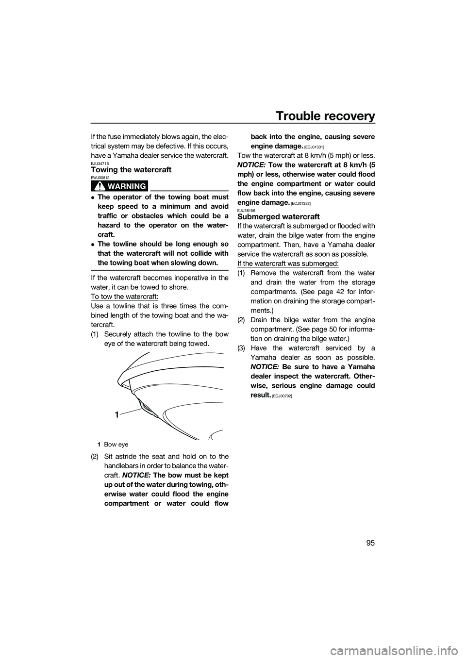 YAMAHA FZR SVHO 2015 Owners Manual Trouble recovery
95
If the fuse immediately blows again, the elec-
trical system may be defective. If this occurs,
have a Yamaha dealer service the watercraft.
EJU34716Towing the watercraft
WARNING
EW YAMAHA FZR SVHO 2015 Owners Manual Trouble recovery
95
If the fuse immediately blows again, the elec-
trical system may be defective. If this occurs,
have a Yamaha dealer service the watercraft.
EJU34716Towing the watercraft
WARNING
EW