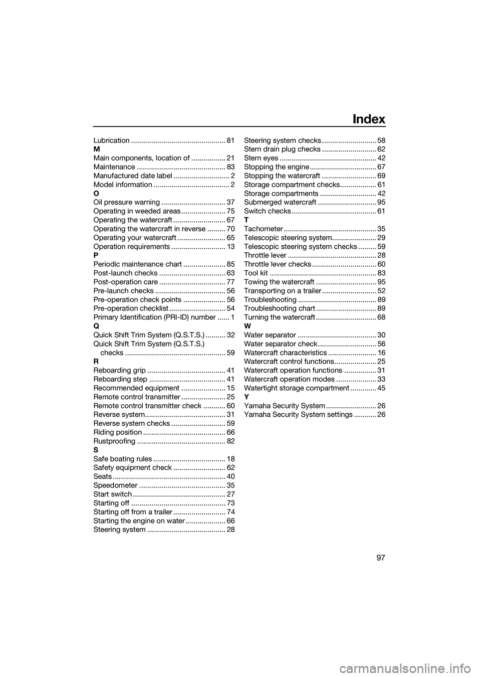 YAMAHA FZR SVHO 2015 Owners Manual Index
97
Lubrication ............................................... 81
M
Main components, location of ................. 21
Maintenance ............................................ 83
Manufactured dat YAMAHA FZR SVHO 2015 Owners Manual Index
97
Lubrication ............................................... 81
M
Main components, location of ................. 21
Maintenance ............................................ 83
Manufactured dat