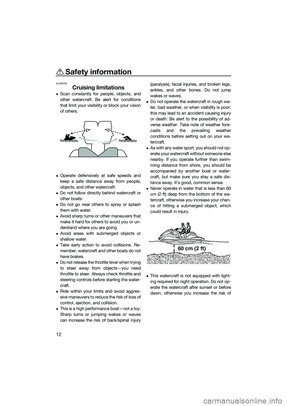 YAMAHA FZR SVHO 2015  Owners Manual Safety information
12
EJU30762
Cruising limitations
Scan constantly for people, objects, and
other watercraft. Be alert for conditions
that limit your visibility or block your vision
of others.
