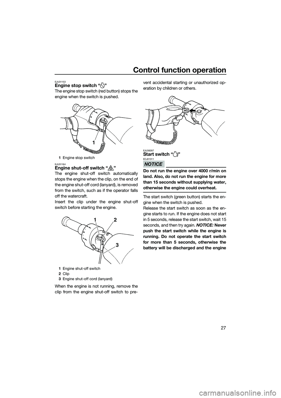 YAMAHA FZR SVHO 2015  Owners Manual Control function operation
27
EJU31153Engine stop switch “ ”
The engine stop switch (red button) stops the
engine when the switch is pushed.
EJU31164Engine shut-off switch “ ”
The engine shut-