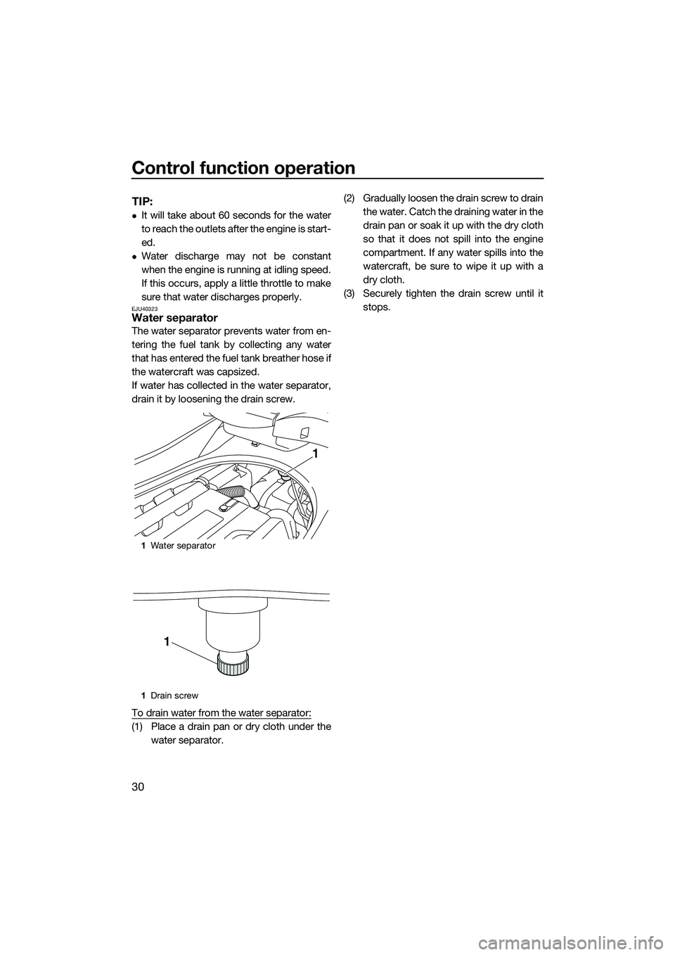 YAMAHA FZR SVHO 2015  Owners Manual Control function operation
30
TIP:
It will take about 60 seconds for the water
to reach the outlets after the engine is start-
ed.
Water discharge may not be constant
when the engine is running 