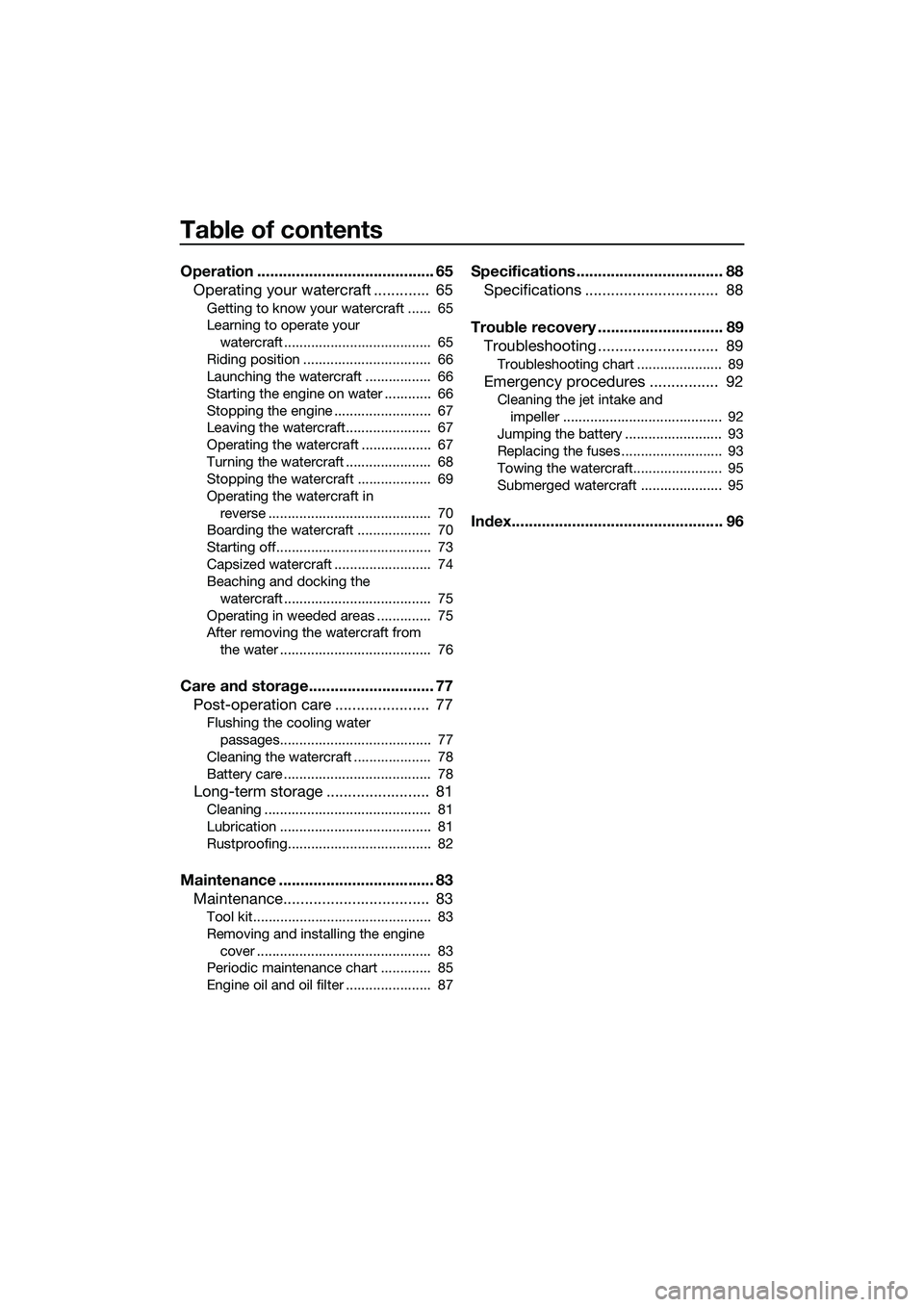 YAMAHA FZR SVHO 2015  Owners Manual Table of contents
Operation ......................................... 65Operating your watercraft .............  65
Getting to know your watercraft ......  65
Learning to operate your 
watercraft ....