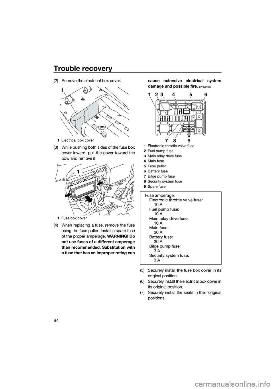 YAMAHA FZR SVHO 2015 Owners Manual Trouble recovery
94
(2) Remove the electrical box cover.
(3) While pushing both sides of the fuse boxcover inward, pull the cover toward the
bow and remove it.
(4) When replacing a fuse, remove the fu YAMAHA FZR SVHO 2015 Owners Manual Trouble recovery
94
(2) Remove the electrical box cover.
(3) While pushing both sides of the fuse boxcover inward, pull the cover toward the
bow and remove it.
(4) When replacing a fuse, remove the fu