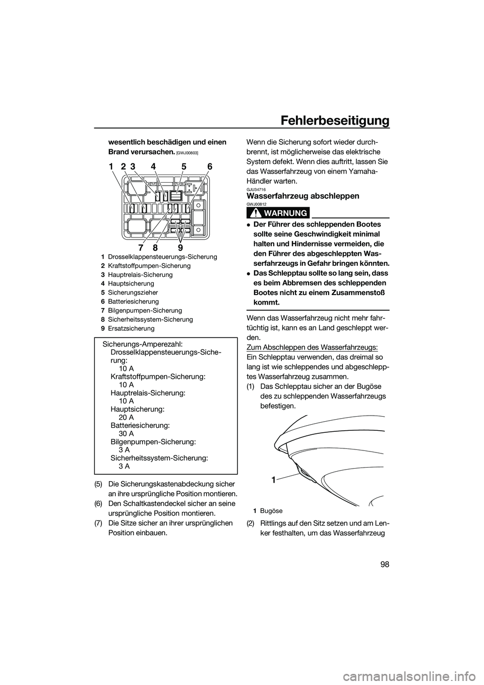 YAMAHA FZR SVHO 2015  Betriebsanleitungen (in German) Fehlerbeseitigung
98
wesentlich beschädigen und einen 
Brand verursachen.
 [GWJ00803]
(5) Die Sicherungskastenabdeckung sicher an ihre ursprüngliche Position montieren.
(6) Den Schaltkastendeckel si