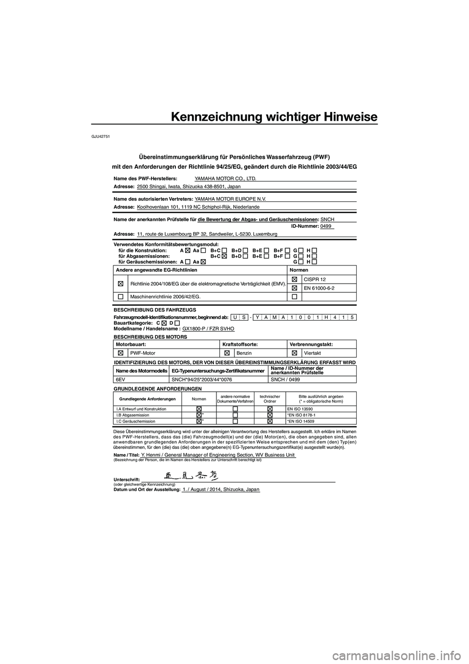 YAMAHA FZR SVHO 2015  Betriebsanleitungen (in German) Kennzeichnung wichtiger Hinweise
GJU42751
Übereinstimmungserklärung für Persönliches Wasserfahrzeug (PWF)
mit den Anforderungen der Richtlinie 94/25/EG, geändert durch die Richtlinie 2003/44/EG
N