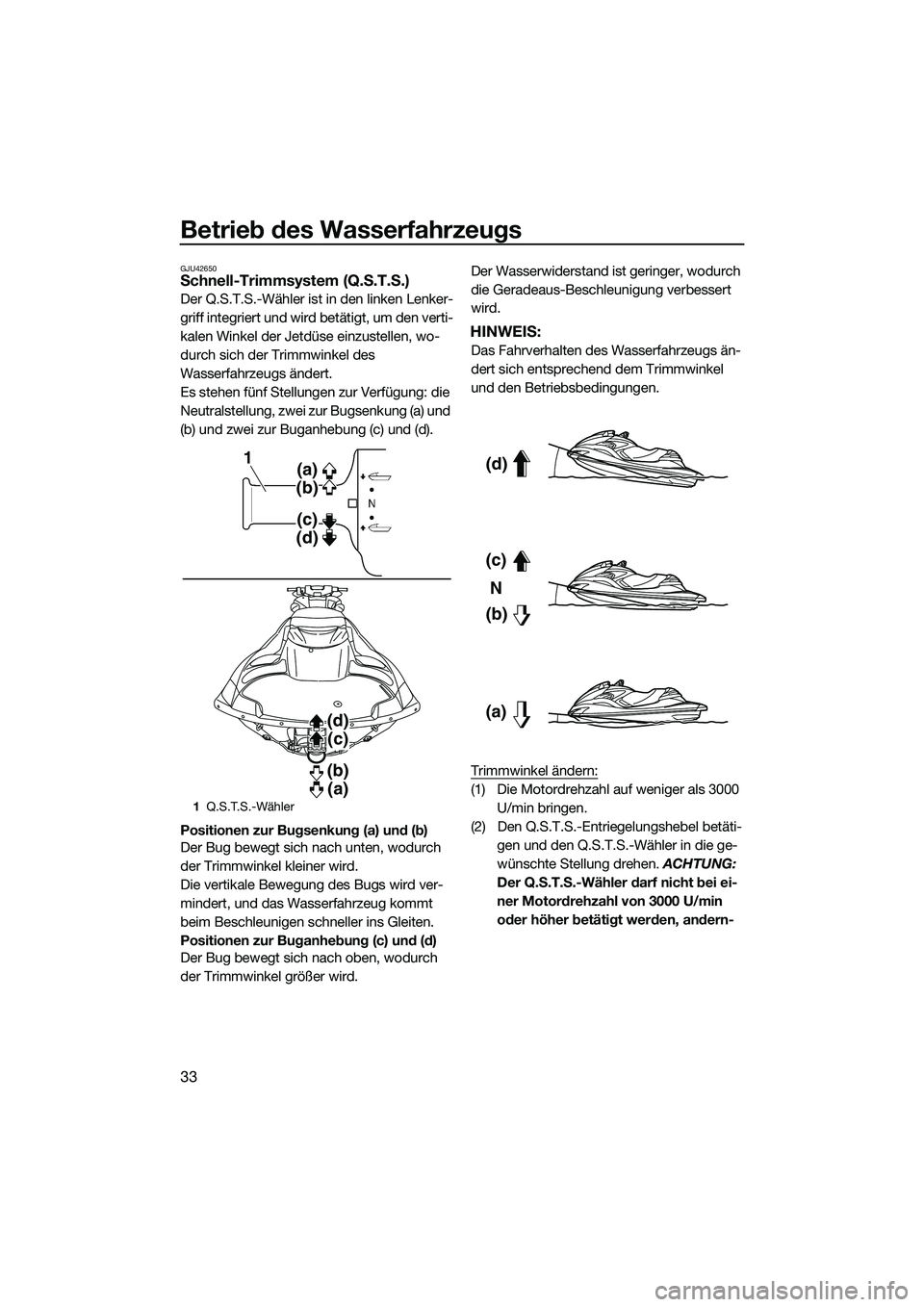 YAMAHA FZR SVHO 2015  Betriebsanleitungen (in German) Betrieb des Wasserfahrzeugs
33
GJU42650Schnell-Trimmsystem (Q.S.T.S.)
Der Q.S.T.S.-Wähler ist in den linken Lenker-
griff integriert und wird betätigt, um den verti-
kalen Winkel der Jetdüse einzus