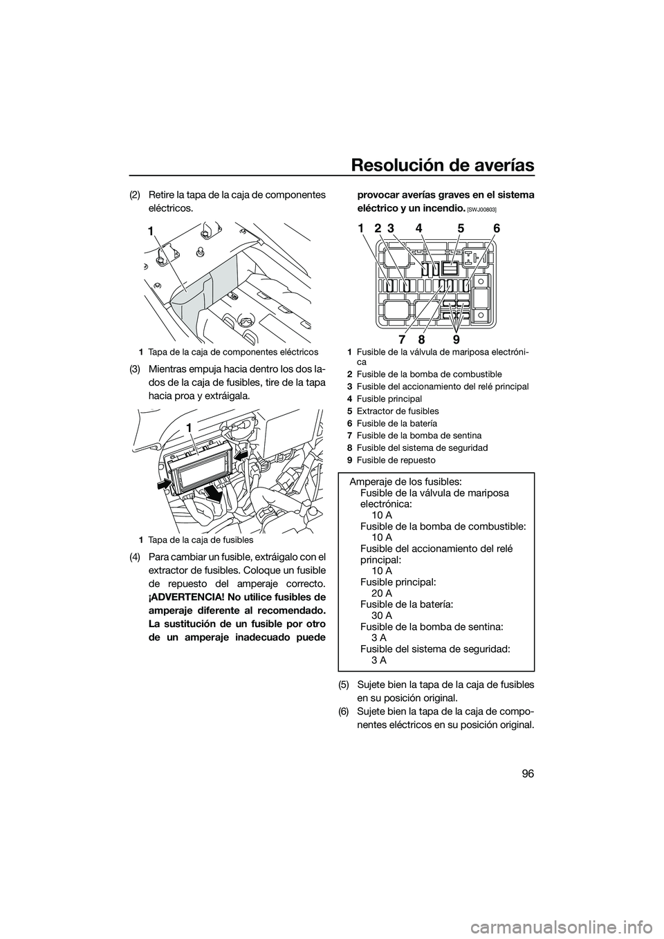 YAMAHA FZR SVHO 2015 Manuale de Empleo (in Spanish) Resolución de averías
96
(2) Retire la tapa de la caja de componenteseléctricos.
(3) Mientras empuja hacia dentro los dos la- dos de la caja de fusibles, tire de la tapa
hacia proa y extráigala.
( YAMAHA FZR SVHO 2015 Manuale de Empleo (in Spanish) Resolución de averías
96
(2) Retire la tapa de la caja de componenteseléctricos.
(3) Mientras empuja hacia dentro los dos la- dos de la caja de fusibles, tire de la tapa
hacia proa y extráigala.
(