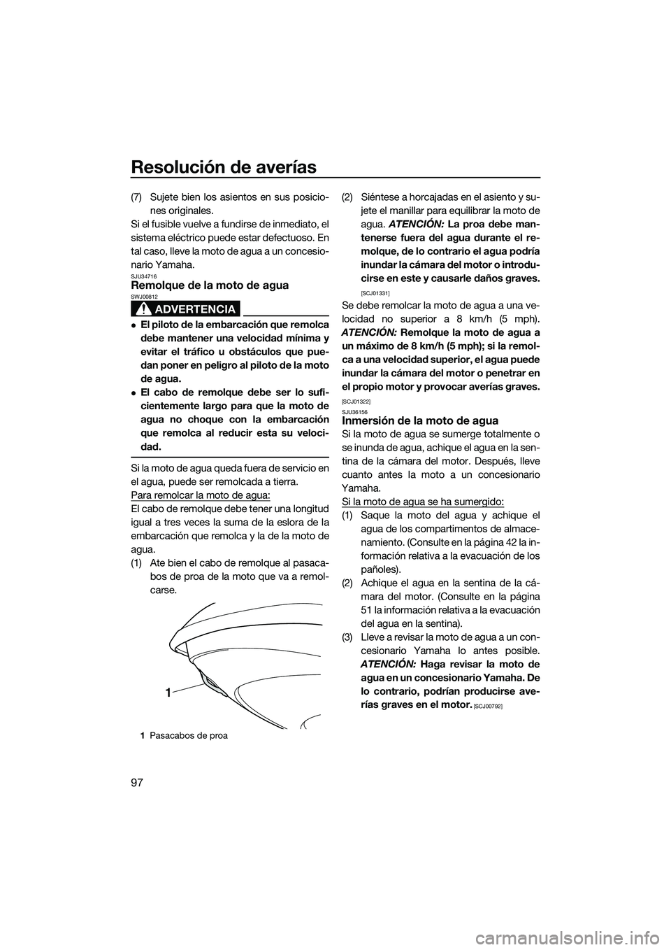 YAMAHA FZR SVHO 2015 Manuale de Empleo (in Spanish) Resolución de averías
97
(7) Sujete bien los asientos en sus posicio-nes originales.
Si el fusible vuelve a fundirse de inmediato, el
sistema eléctrico puede estar defectuoso. En
tal caso, lleve la YAMAHA FZR SVHO 2015 Manuale de Empleo (in Spanish) Resolución de averías
97
(7) Sujete bien los asientos en sus posicio-nes originales.
Si el fusible vuelve a fundirse de inmediato, el
sistema eléctrico puede estar defectuoso. En
tal caso, lleve la