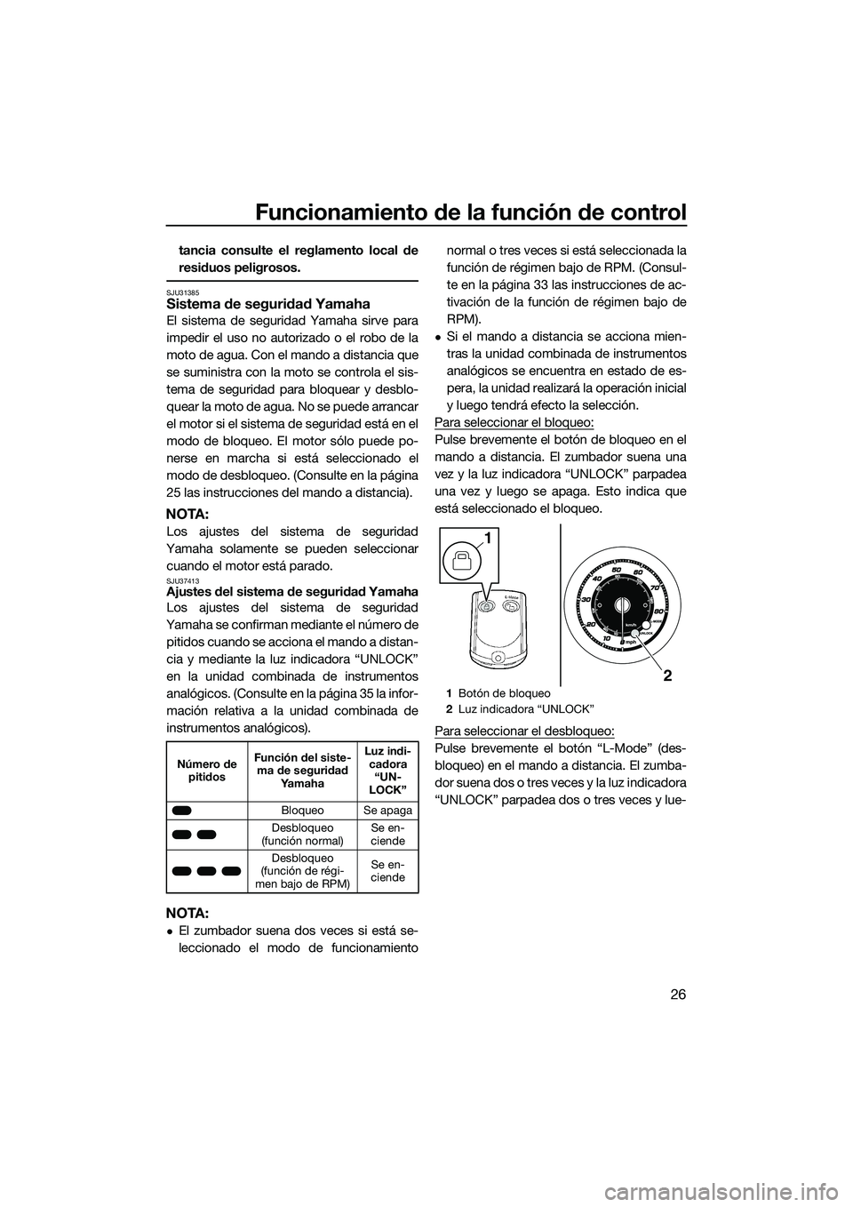 YAMAHA FZR SVHO 2015 Manuale de Empleo (in Spanish) Funcionamiento de la función de control
26
tancia consulte el reglamento local de
residuos peligrosos.
SJU31385Sistema de seguridad Yamaha
El sistema de seguridad Yamaha sirve para
impedir el uso no YAMAHA FZR SVHO 2015 Manuale de Empleo (in Spanish) Funcionamiento de la función de control
26
tancia consulte el reglamento local de
residuos peligrosos.
SJU31385Sistema de seguridad Yamaha
El sistema de seguridad Yamaha sirve para
impedir el uso no