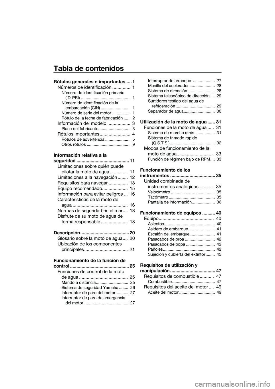 YAMAHA FZR SVHO 2015  Manuale de Empleo (in Spanish) Tabla de contenidos
Rótulos generales e importantes .... 1Números de identificación ..............  1
Número de identificación primario 
(ID-PRI) ...........................................  1
N�
