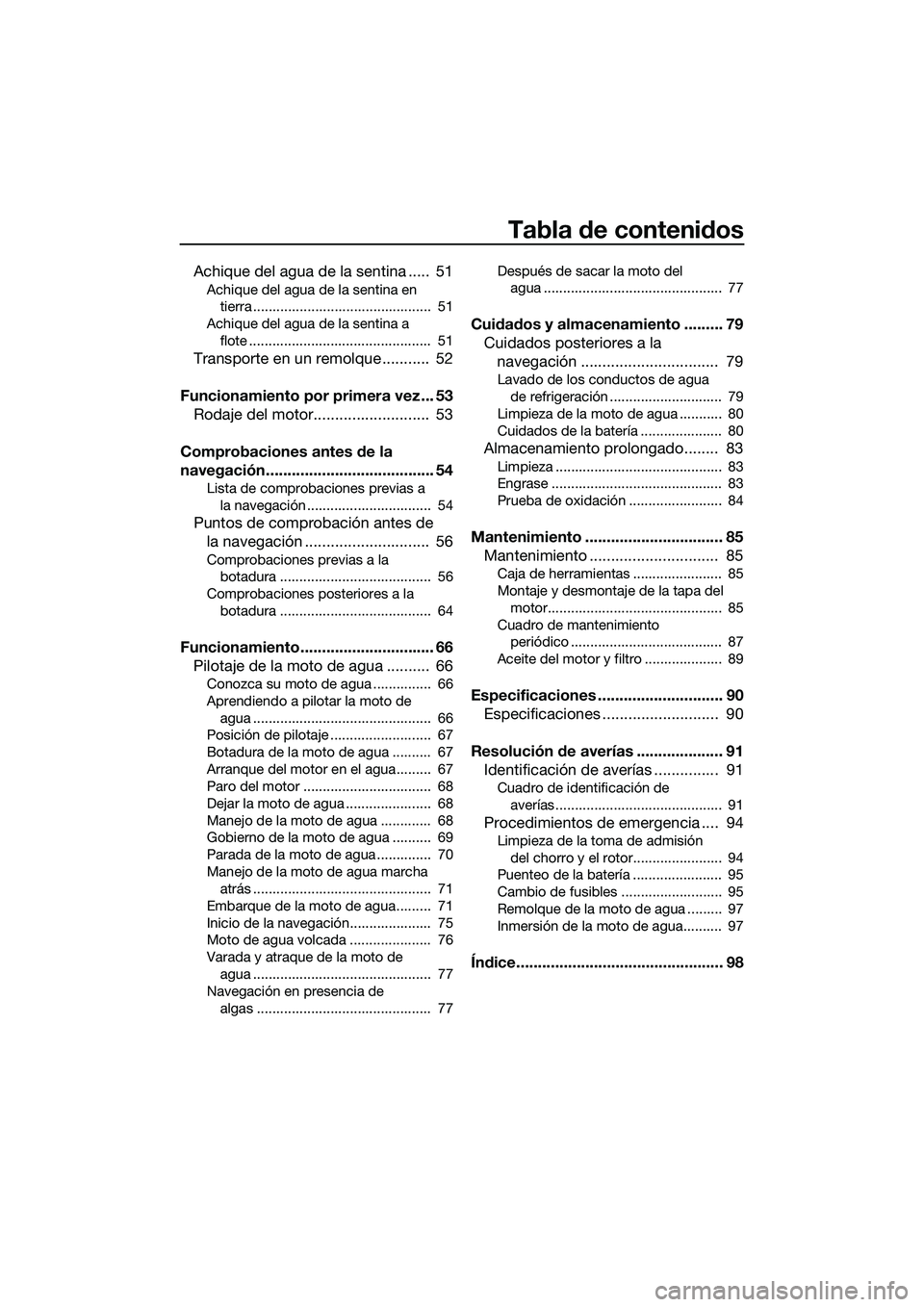 YAMAHA FZR SVHO 2015  Manuale de Empleo (in Spanish) Tabla de contenidos
Achique del agua de la sentina .....  51
Achique del agua de la sentina en tierra ..............................................  51
Achique del agua de la sentina a  flote .......