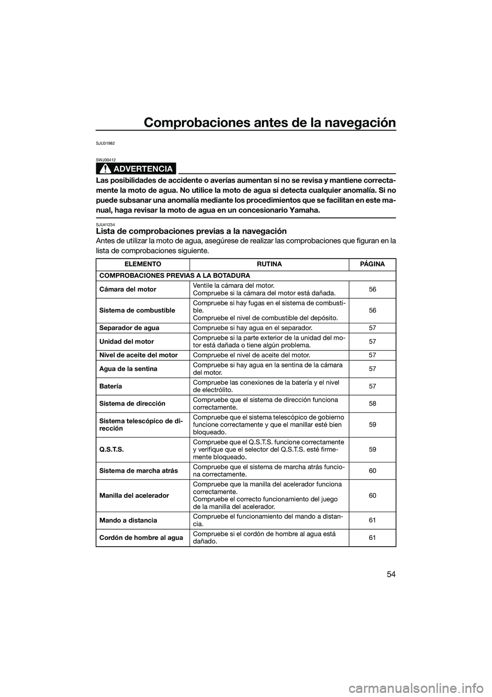 YAMAHA FZR SVHO 2015 Manuale de Empleo (in Spanish) Comprobaciones antes de la navegación
54
SJU31982
ADVERTENCIA
SWJ00412
Las posibilidades de accidente o averías aumentan si no se revisa y mantiene correcta-
mente la moto de agua. No utilice la mot YAMAHA FZR SVHO 2015 Manuale de Empleo (in Spanish) Comprobaciones antes de la navegación
54
SJU31982
ADVERTENCIA
SWJ00412
Las posibilidades de accidente o averías aumentan si no se revisa y mantiene correcta-
mente la moto de agua. No utilice la mot