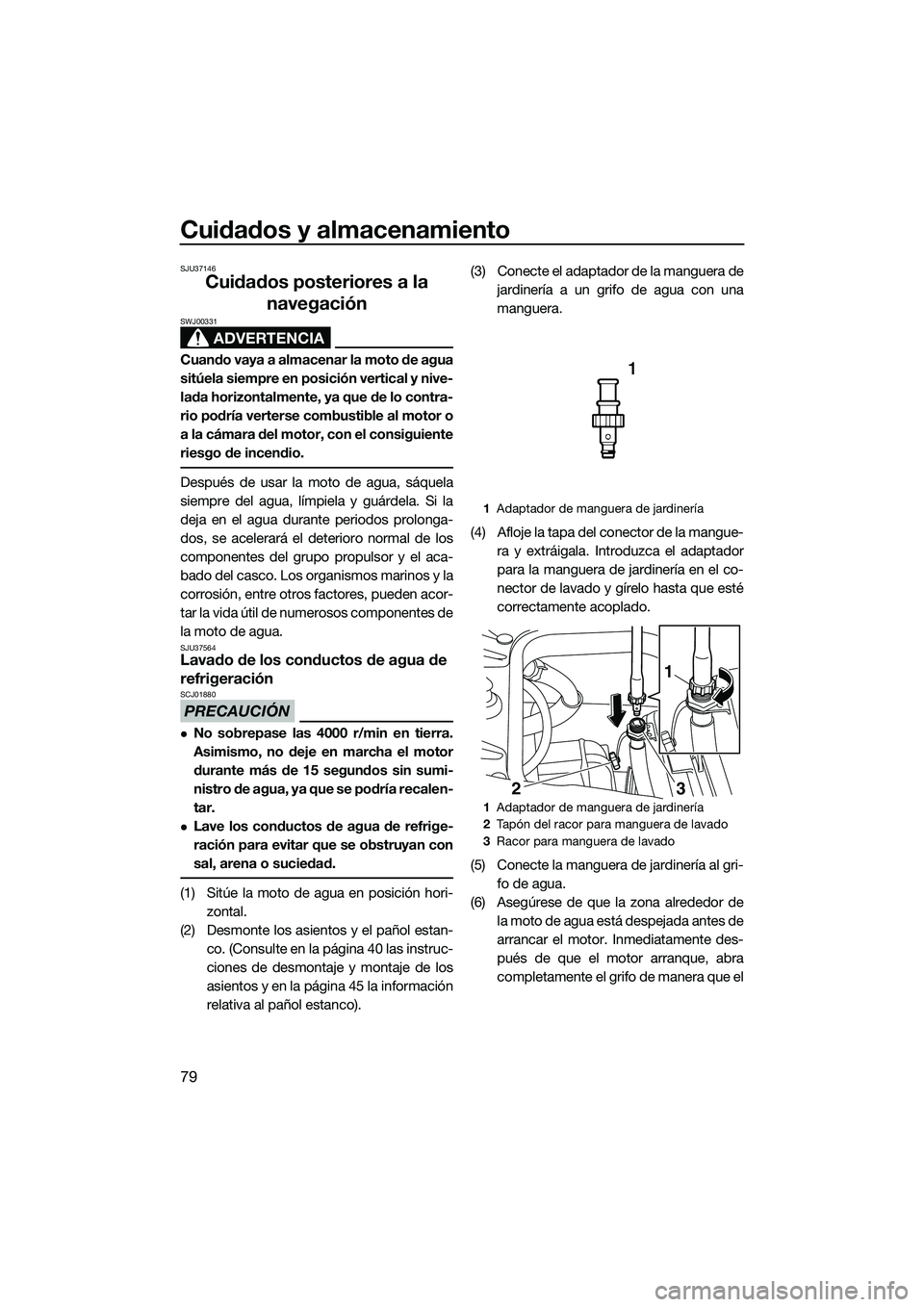 YAMAHA FZR SVHO 2015 Manuale de Empleo (in Spanish) Cuidados y almacenamiento
79
SJU37146
Cuidados posteriores a la navegación
ADVERTENCIA
SWJ00331
Cuando vaya a almacenar la moto de agua
sitúela siempre en posición vertical y nive-
lada horizontalm YAMAHA FZR SVHO 2015 Manuale de Empleo (in Spanish) Cuidados y almacenamiento
79
SJU37146
Cuidados posteriores a la navegación
ADVERTENCIA
SWJ00331
Cuando vaya a almacenar la moto de agua
sitúela siempre en posición vertical y nive-
lada horizontalm