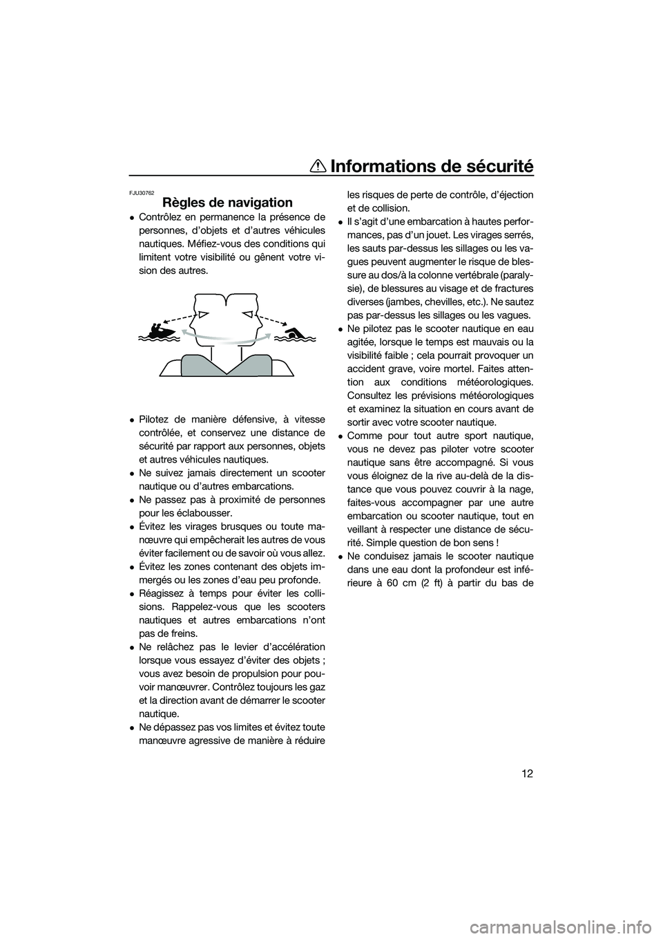 YAMAHA FZR SVHO 2015  Notices Demploi (in French) Informations de sécurité
12
FJU30762
Règles de navigation
Contrôlez en permanence la présence de
personnes, d’objets et d’autres véhicules
nautiques. Méfiez-vous des conditions qui
limit