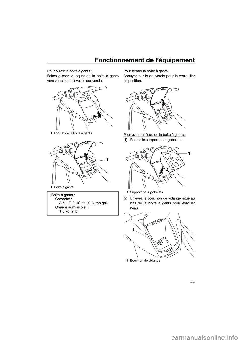 YAMAHA FZR SVHO 2015  Notices Demploi (in French) Fonctionnement de l’équipement
44
Pour ouvrir la boîte à gants :
Faites glisser le loquet de la boîte à gants
vers vous et soulevez le couvercle.Pour fermer la boîte à gants :Appuyez sur le c