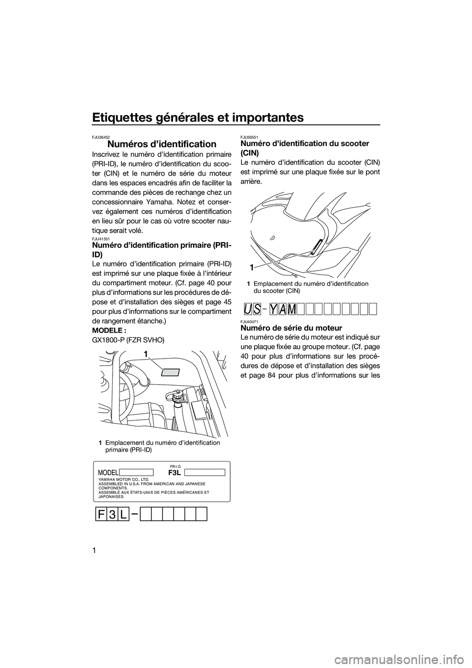 YAMAHA FZR SVHO 2015  Notices Demploi (in French) Etiquettes générales et importantes
1
FJU36452
Numéros d’identification
Inscrivez le numéro d’identification primaire
(PRI-ID), le numéro d’identification du scoo-
ter (CIN) et le numéro d