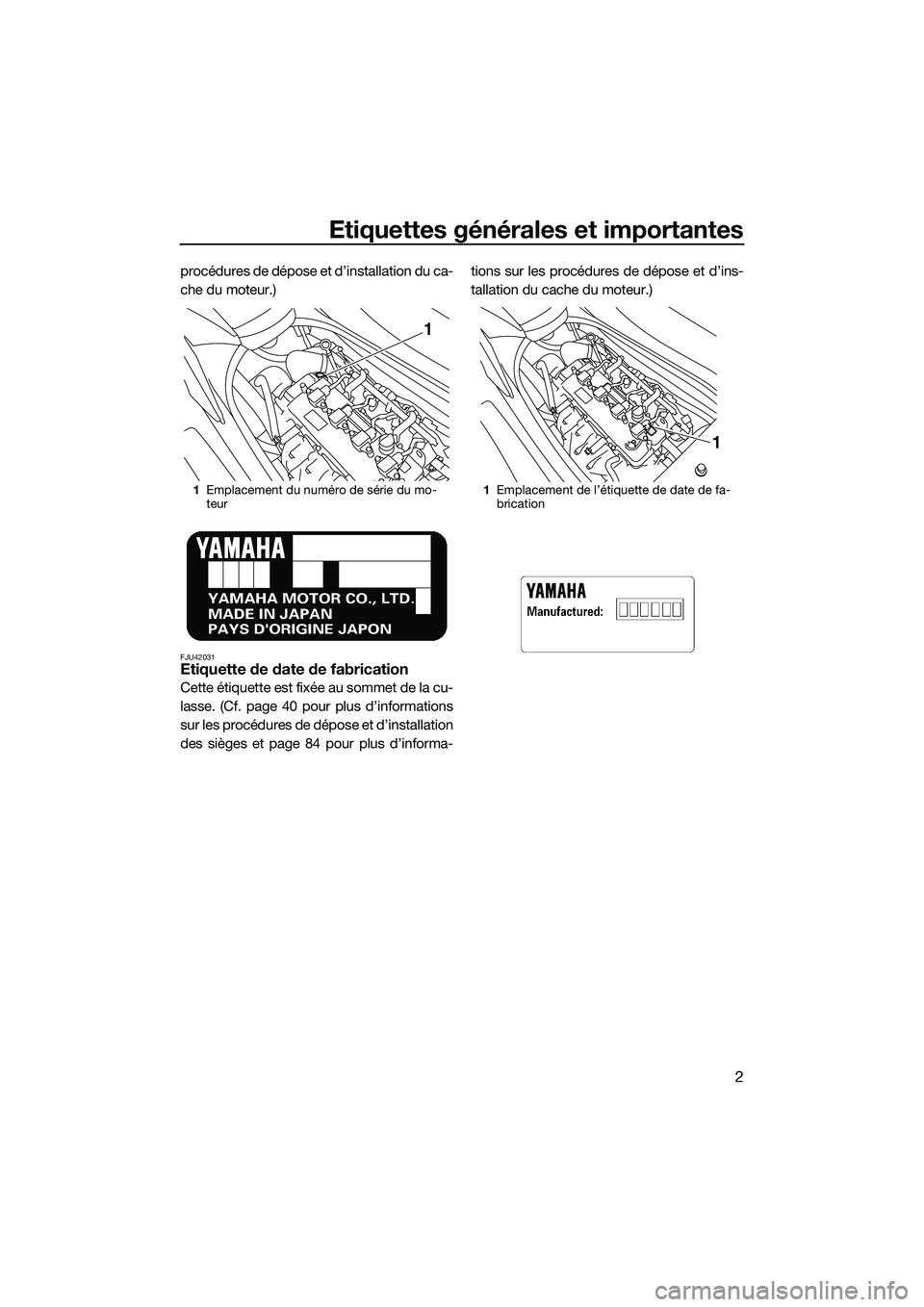 YAMAHA FZR SVHO 2015  Notices Demploi (in French) Etiquettes générales et importantes
2
procédures de dépose et d’installation du ca-
che du moteur.)
FJU42031Etiquette de date de fabrication
Cette étiquette est fixée au sommet de la cu-
lasse