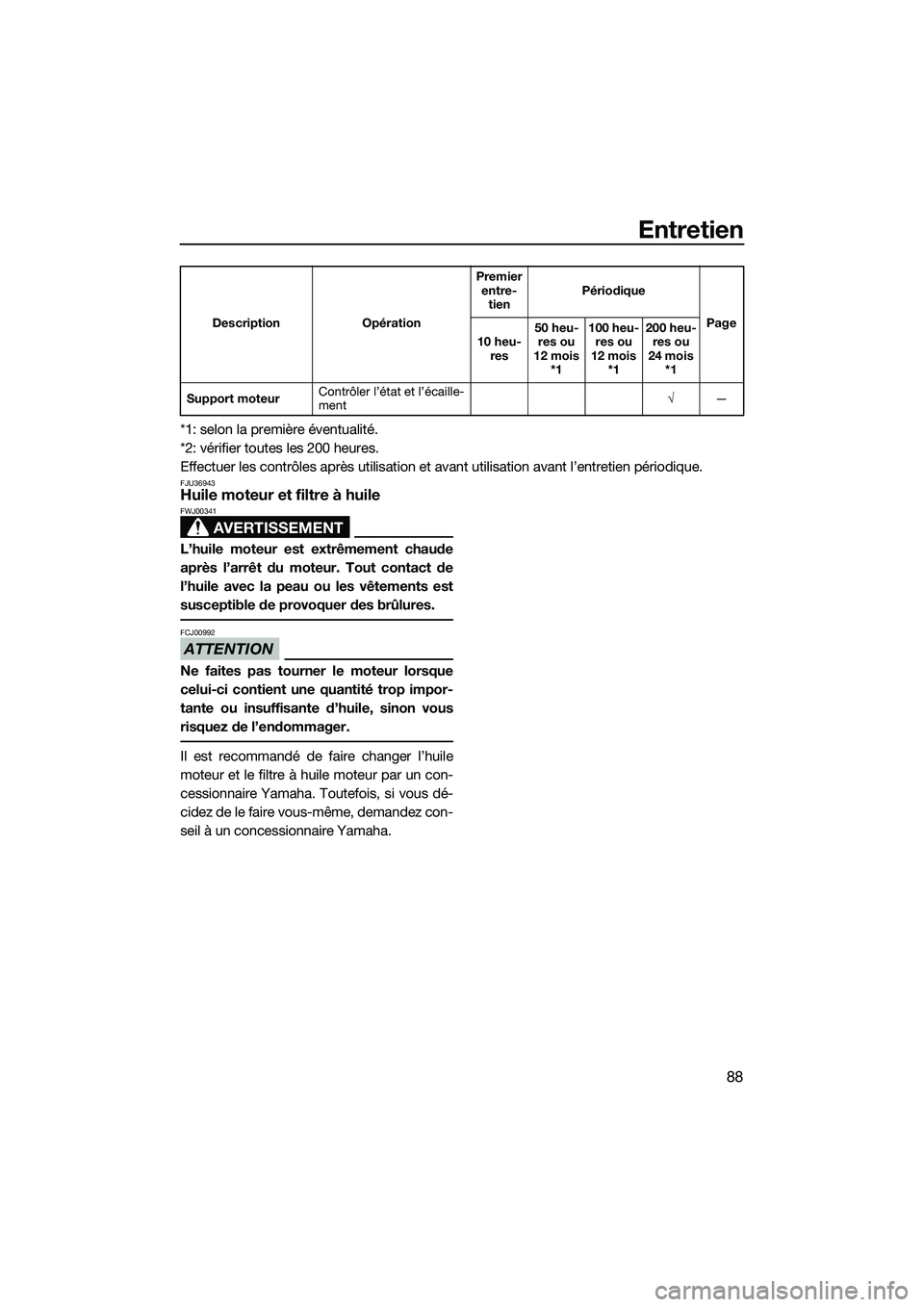 YAMAHA FZR SVHO 2015 Notices Demploi (in French) Entretien
88
*1: selon la première éventualité.
*2: vérifier toutes les 200 heures.
Effectuer les contrôles après utilisation et avant utilisation avant l’entretien périodique.
FJU36943Huile YAMAHA FZR SVHO 2015 Notices Demploi (in French) Entretien
88
*1: selon la première éventualité.
*2: vérifier toutes les 200 heures.
Effectuer les contrôles après utilisation et avant utilisation avant l’entretien périodique.
FJU36943Huile
