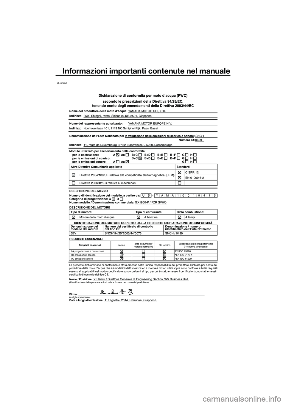 YAMAHA FZR SVHO 2015  Manuale duso (in Italian) Informazioni importanti contenute nel manuale
HJU42751
Dichiarazione di conformità per moto d’acqua (PWC)secondo le prescrizioni della Direttiva 94/25/EC,
tenendo conto degli emendamenti della Dire