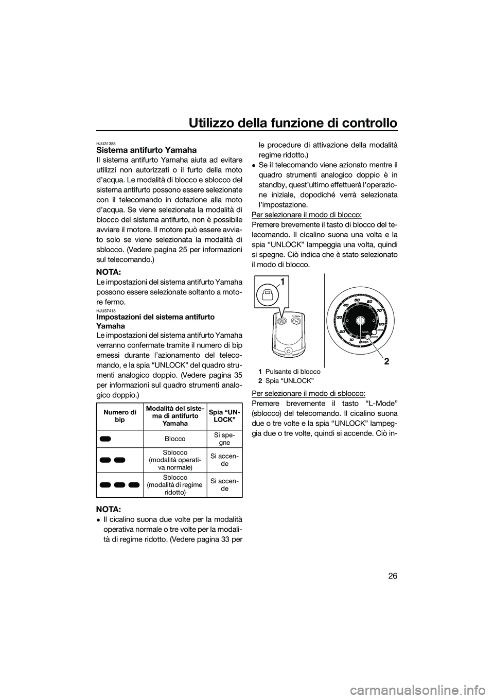 YAMAHA FZR SVHO 2015 Manuale duso (in Italian) Utilizzo della funzione di controllo
26
HJU31385Sistema antifurto Yamaha
Il sistema antifurto Yamaha aiuta ad evitare
utilizzi non autorizzati o il furto della moto
d’acqua. Le modalità di blocco e YAMAHA FZR SVHO 2015 Manuale duso (in Italian) Utilizzo della funzione di controllo
26
HJU31385Sistema antifurto Yamaha
Il sistema antifurto Yamaha aiuta ad evitare
utilizzi non autorizzati o il furto della moto
d’acqua. Le modalità di blocco e
