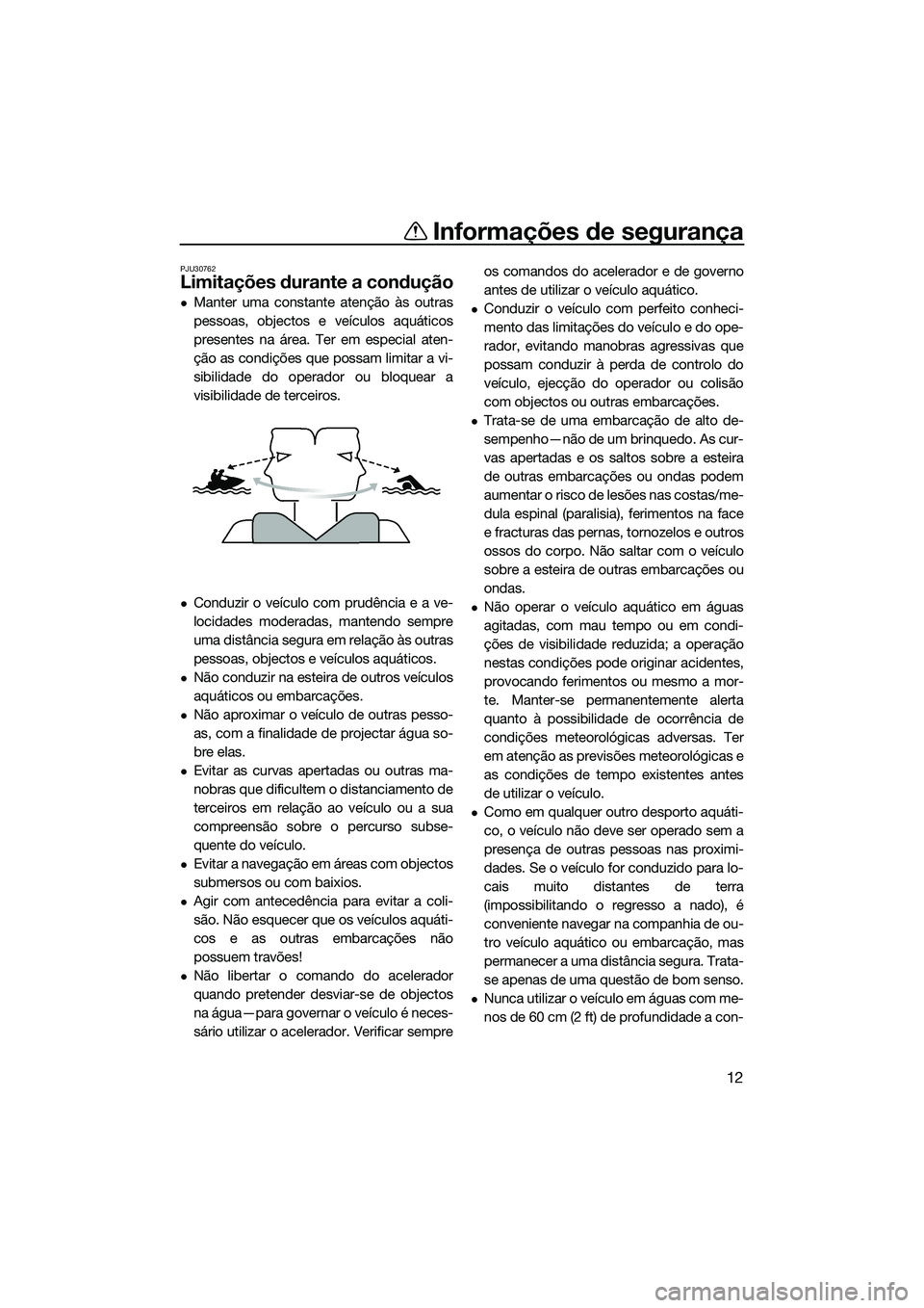 YAMAHA FZR SVHO 2015 Manual de utilização (in Portuguese) Informações de segurança
12
PJU30762
Limitações durante a condução
Manter uma constante atenção às outras
pessoas, objectos e veículos aquáticos
presentes na área. Ter em especial aten YAMAHA FZR SVHO 2015 Manual de utilização (in Portuguese) Informações de segurança
12
PJU30762
Limitações durante a condução
Manter uma constante atenção às outras
pessoas, objectos e veículos aquáticos
presentes na área. Ter em especial aten