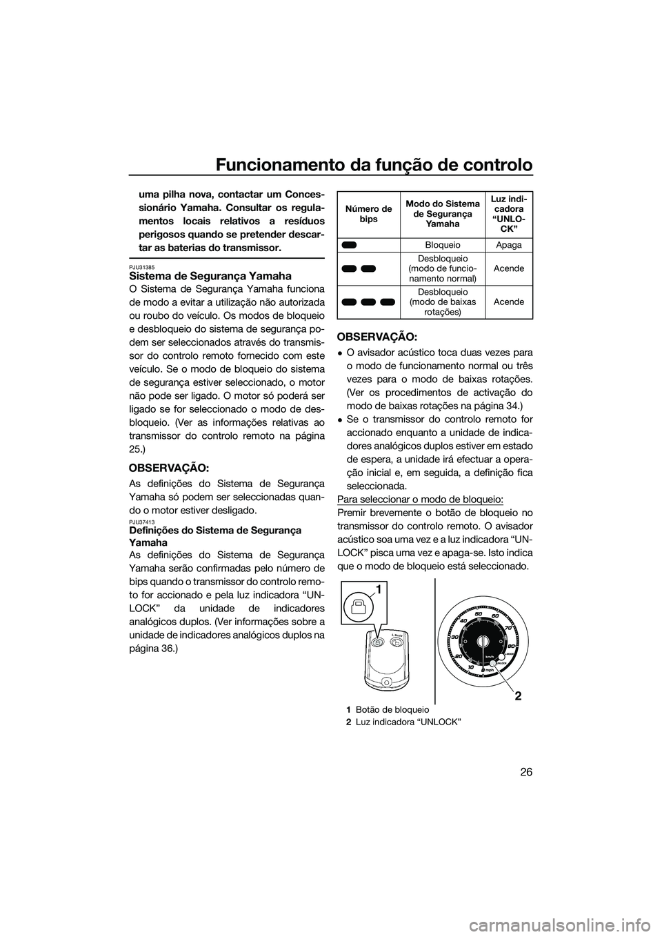 YAMAHA FZR SVHO 2015  Manual de utilização (in Portuguese) Funcionamento da função de controlo
26
uma pilha nova, contactar um Conces-
sionário Yamaha. Consultar os regula-
mentos locais relativos a resíduos
perigosos quando se pretender descar-
tar as ba