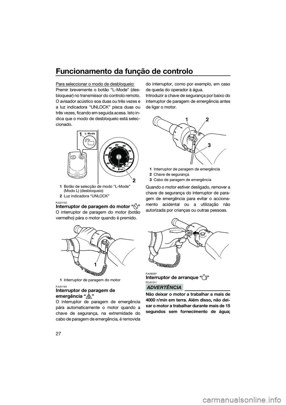YAMAHA FZR SVHO 2015  Manual de utilização (in Portuguese) Funcionamento da função de controlo
27
Para seleccionar o modo de desbloqueio:
Premir brevemente o botão “L-Mode” (des-
bloquear) no transmissor do controlo remoto.
O avisador acústico soa dua
