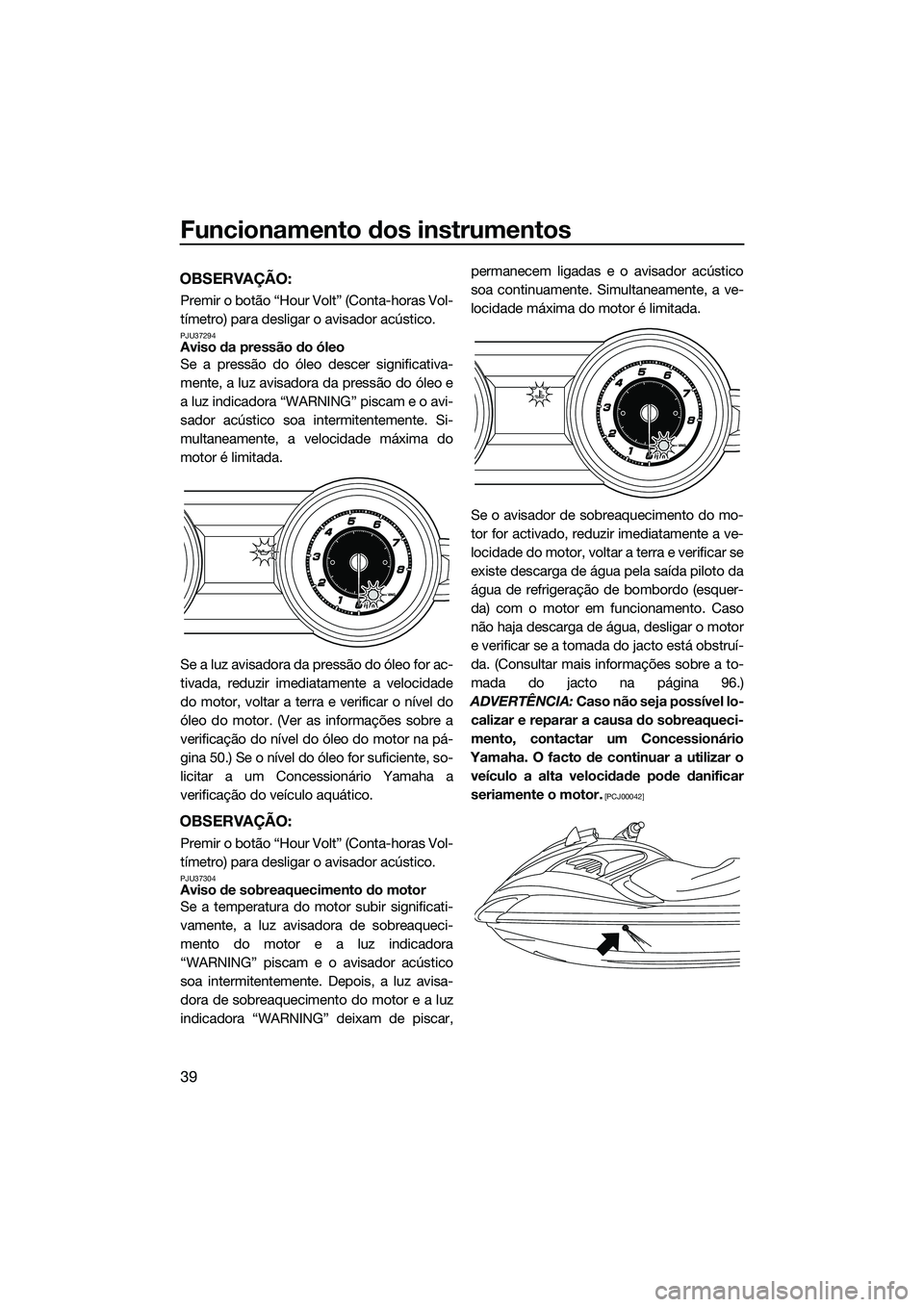 YAMAHA FZR SVHO 2015  Manual de utilização (in Portuguese) Funcionamento dos instrumentos
39
OBSERVAÇÃO:
Premir o botão “Hour Volt” (Conta-horas Vol-
tímetro) para desligar o avisador acústico.
PJU37294Aviso da pressão do óleo
Se a pressão do óle