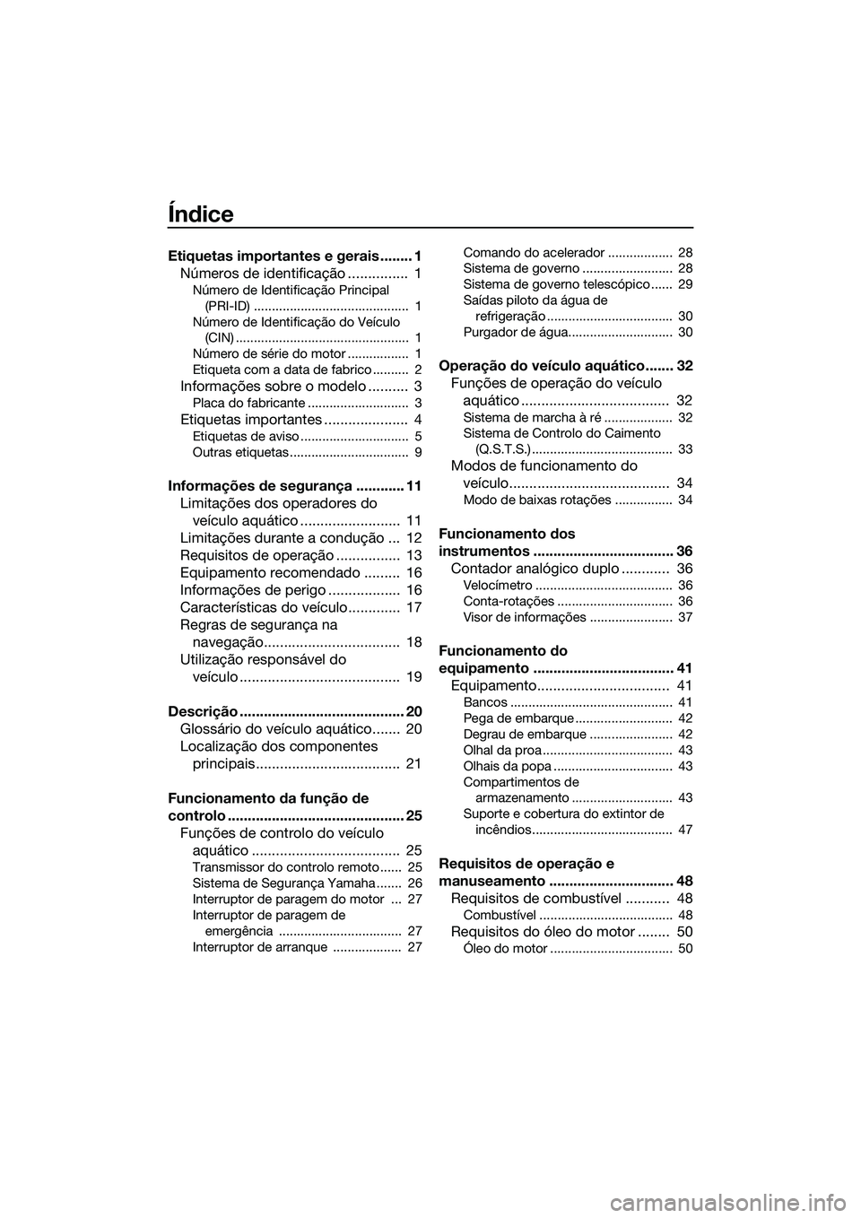 YAMAHA FZR SVHO 2015  Manual de utilização (in Portuguese) Índice
Etiquetas importantes e gerais ........ 1Números de identificação ...............  1
Número de Identificação Principal 
(PRI-ID) ...........................................  1
Número de