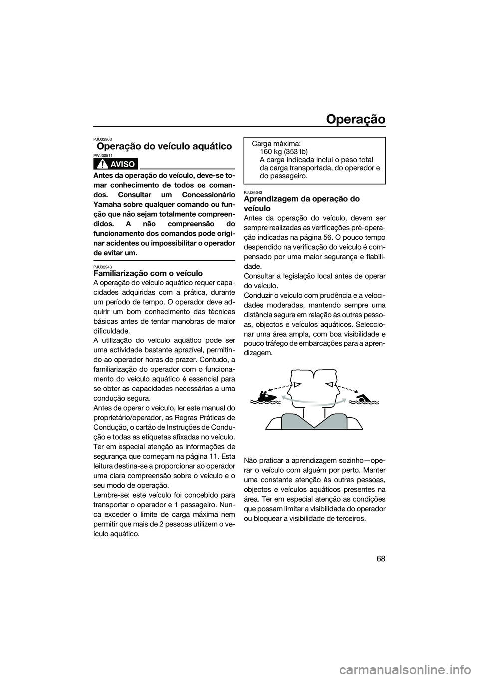YAMAHA FZR SVHO 2015 Manual de utilização (in Portuguese) Operação
68
PJU32903
Operação do veículo aquático
AVISO
PWJ00511
Antes da operação do veículo, deve-se to-
mar conhecimento de todos os coman-
dos. Consultar um Concessionário
Yamaha sobre q YAMAHA FZR SVHO 2015 Manual de utilização (in Portuguese) Operação
68
PJU32903
Operação do veículo aquático
AVISO
PWJ00511
Antes da operação do veículo, deve-se to-
mar conhecimento de todos os coman-
dos. Consultar um Concessionário
Yamaha sobre q