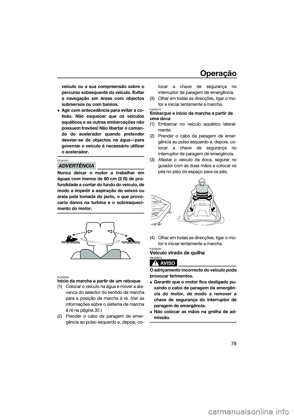 YAMAHA FZR SVHO 2015 Manual de utilização (in Portuguese) Operação
78
veículo ou a sua compreensão sobre o
percurso subsequente do veículo. Evitar
a navegação em áreas com objectos
submersos ou com baixios.
Agir com antecedência para evitar a co- YAMAHA FZR SVHO 2015 Manual de utilização (in Portuguese) Operação
78
veículo ou a sua compreensão sobre o
percurso subsequente do veículo. Evitar
a navegação em áreas com objectos
submersos ou com baixios.
Agir com antecedência para evitar a co-