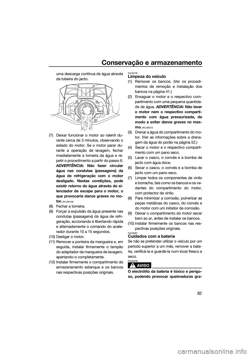 YAMAHA FZR SVHO 2015 Manual de utilização (in Portuguese) Conservação e armazenamento
82
uma descarga contínua de água através
da tubeira do jacto.
(7) Deixar funcionar o motor ao ralenti du- rante cerca de 3 minutos, observando o
estado do motor. Se o YAMAHA FZR SVHO 2015 Manual de utilização (in Portuguese) Conservação e armazenamento
82
uma descarga contínua de água através
da tubeira do jacto.
(7) Deixar funcionar o motor ao ralenti du- rante cerca de 3 minutos, observando o
estado do motor. Se o