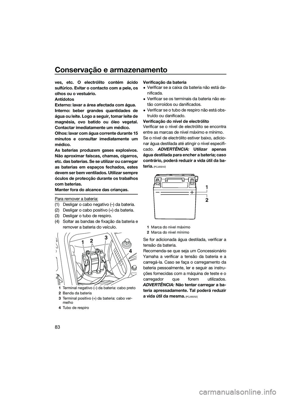 YAMAHA FZR SVHO 2015 Manual de utilização (in Portuguese) Conservação e armazenamento
83
ves, etc. O electrólito contém ácido
sulfúrico. Evitar o contacto com a pele, os
olhos ou o vestuário.
Antídotos
Externo: lavar a área afectada com água.
Inter YAMAHA FZR SVHO 2015 Manual de utilização (in Portuguese) Conservação e armazenamento
83
ves, etc. O electrólito contém ácido
sulfúrico. Evitar o contacto com a pele, os
olhos ou o vestuário.
Antídotos
Externo: lavar a área afectada com água.
Inter