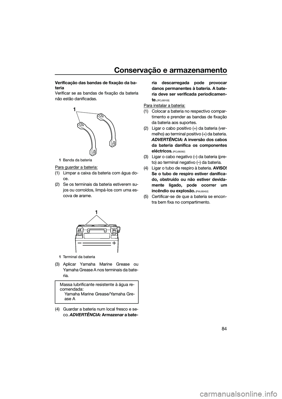 YAMAHA FZR SVHO 2015 Manual de utilização (in Portuguese) Conservação e armazenamento
84
Verificação das bandas de fixação da ba-
teria
Verificar se as bandas de fixação da bateria
não estão danificadas.
Para guardar a bateria:
(1) Limpar a caixa d YAMAHA FZR SVHO 2015 Manual de utilização (in Portuguese) Conservação e armazenamento
84
Verificação das bandas de fixação da ba-
teria
Verificar se as bandas de fixação da bateria
não estão danificadas.
Para guardar a bateria:
(1) Limpar a caixa d