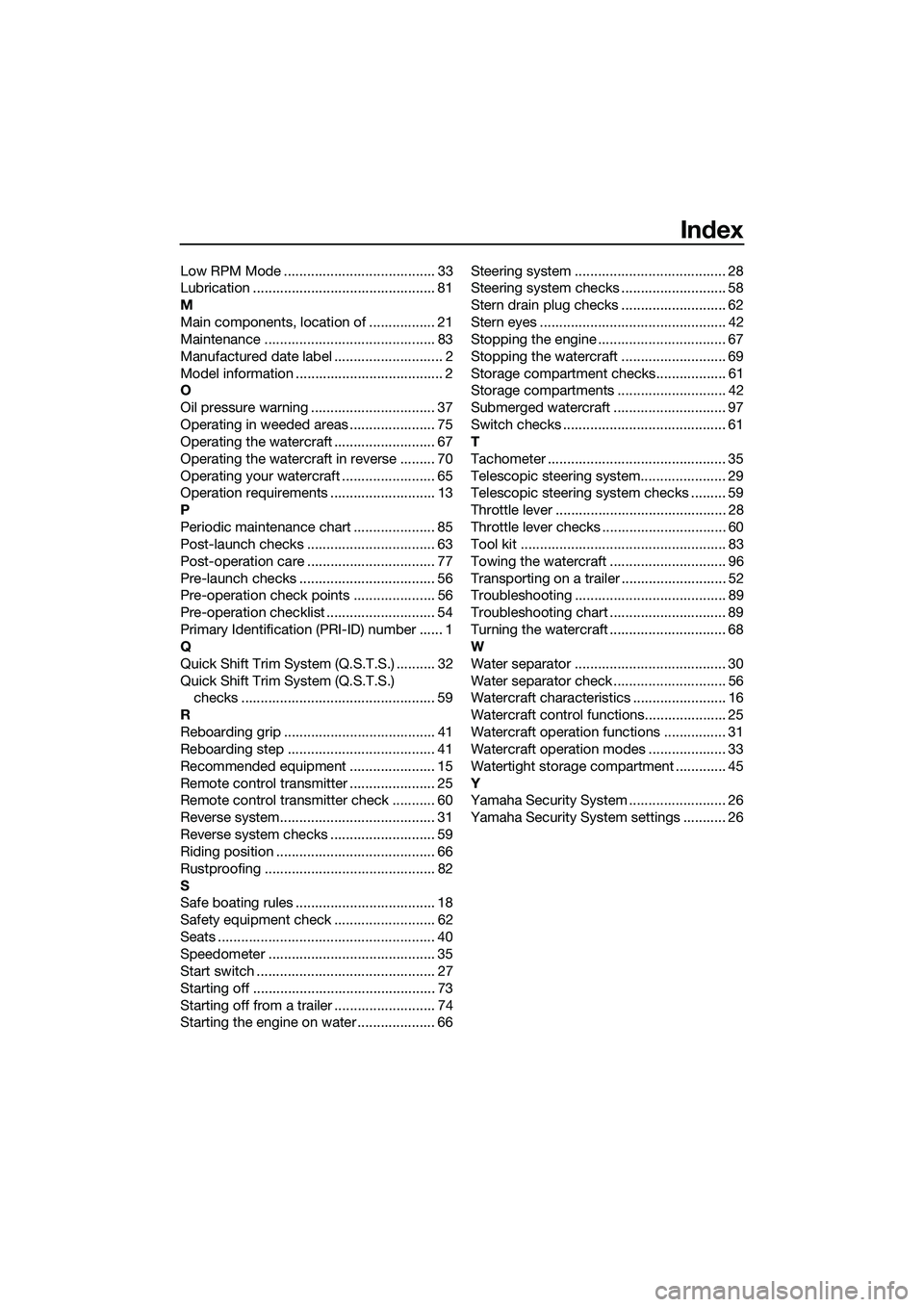 YAMAHA FZR SVHO 2014 User Guide Index
Low RPM Mode ....................................... 33
Lubrication ............................................... 81
M
Main components, location of ................. 21
Maintenance ...........