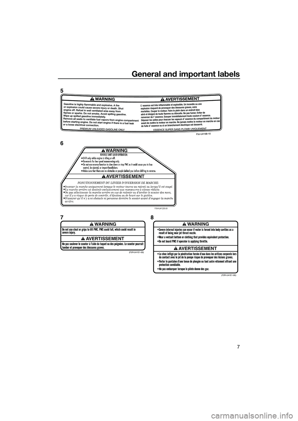 YAMAHA FZR SVHO 2014 User Guide General and important labels
7
WARNING
AVERTISSEMENT
WARNING
AVERTISSEMENT(F2R-U41E1-00)(F2R-U41E1-00)
5
6
78
UF3L70E0.book Page 7 Thursday, November 7, 2013 9:08 AM YAMAHA FZR SVHO 2014 User Guide General and important labels
7
WARNING
AVERTISSEMENT
WARNING
AVERTISSEMENT(F2R-U41E1-00)(F2R-U41E1-00)
5
6
78
UF3L70E0.book Page 7 Thursday, November 7, 2013 9:08 AM